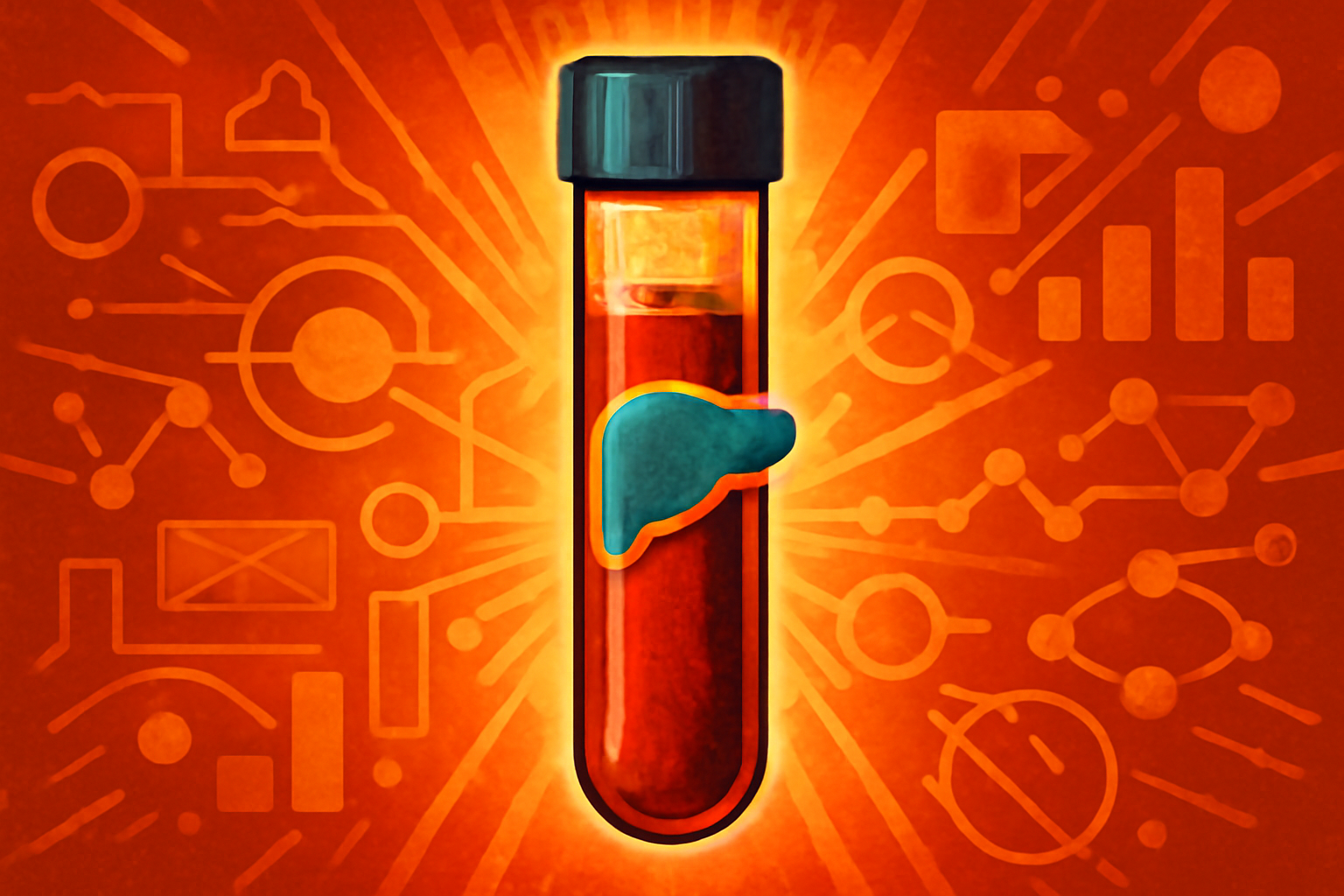 A medical researcher holds a blood sample vial in a laboratory, with digital screens showing complex DNA data and AI analysis symbols.