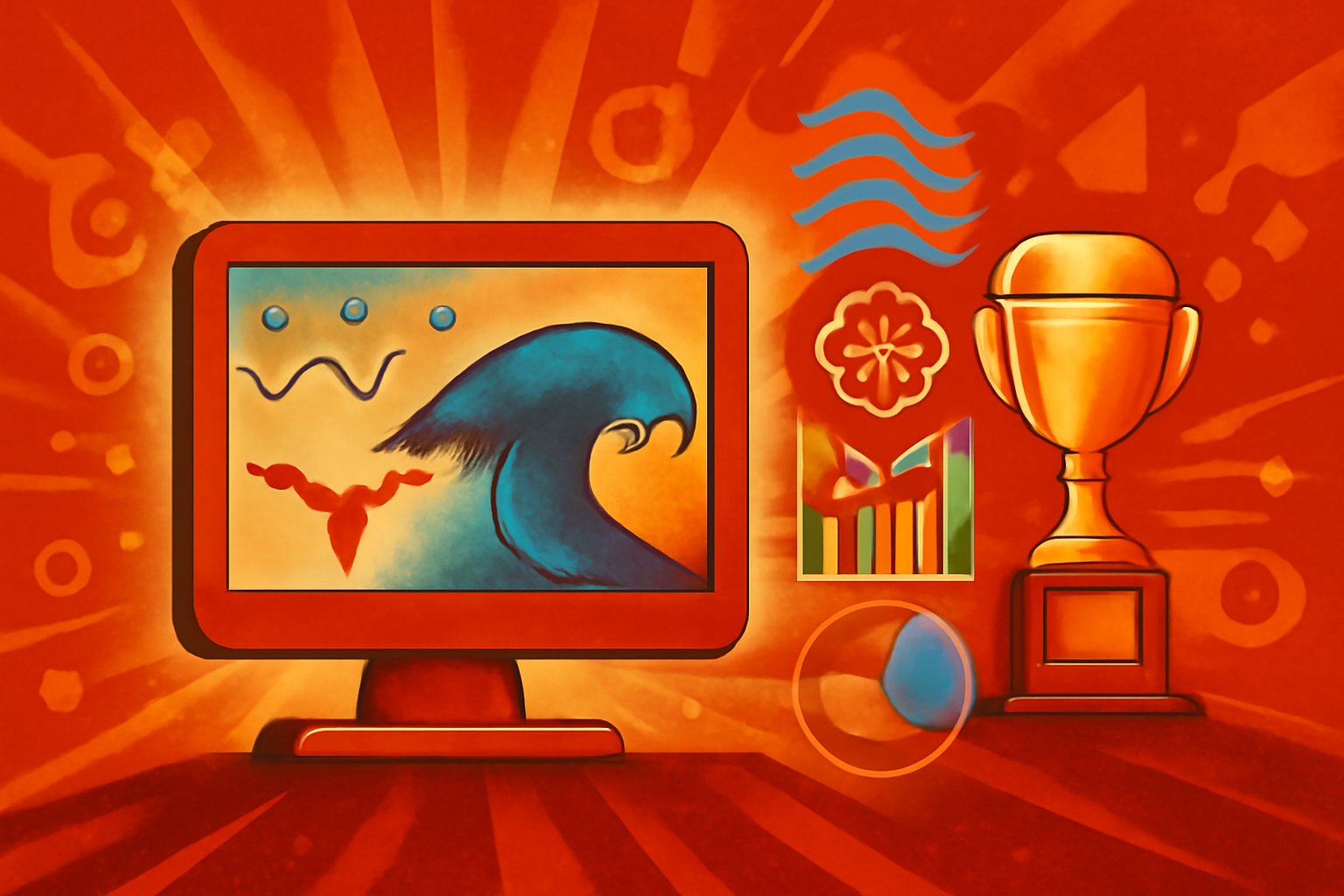 A 3D digital simulation of a tsunami wave approaching the Cascadia Subduction Zone coastline, rendered in a scientific data-visualization style with glowing blue highlights.