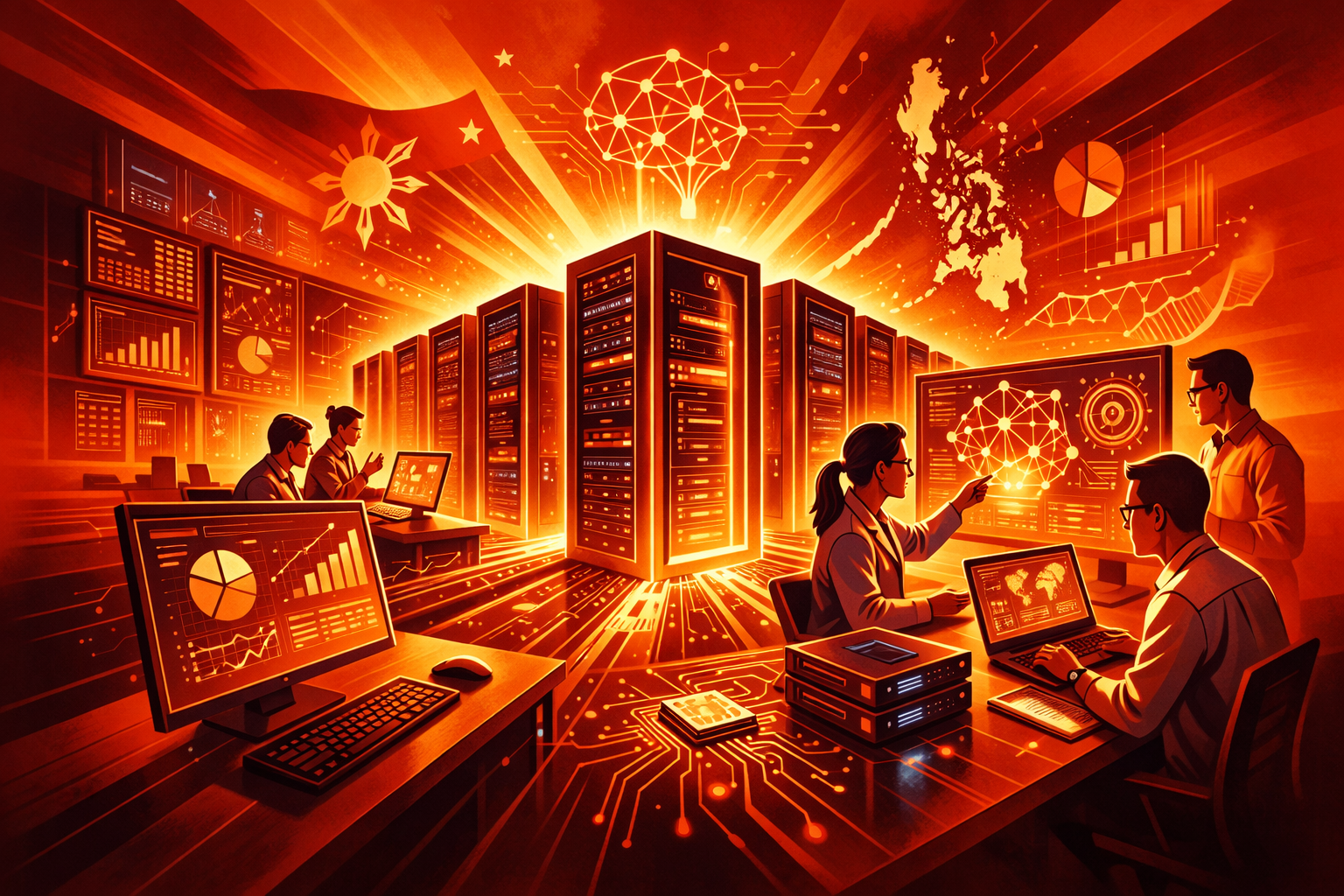 A photograph showing a modern data center and research environment with digital screens displaying analytics, representing the launch of the Philippine National AI Center.