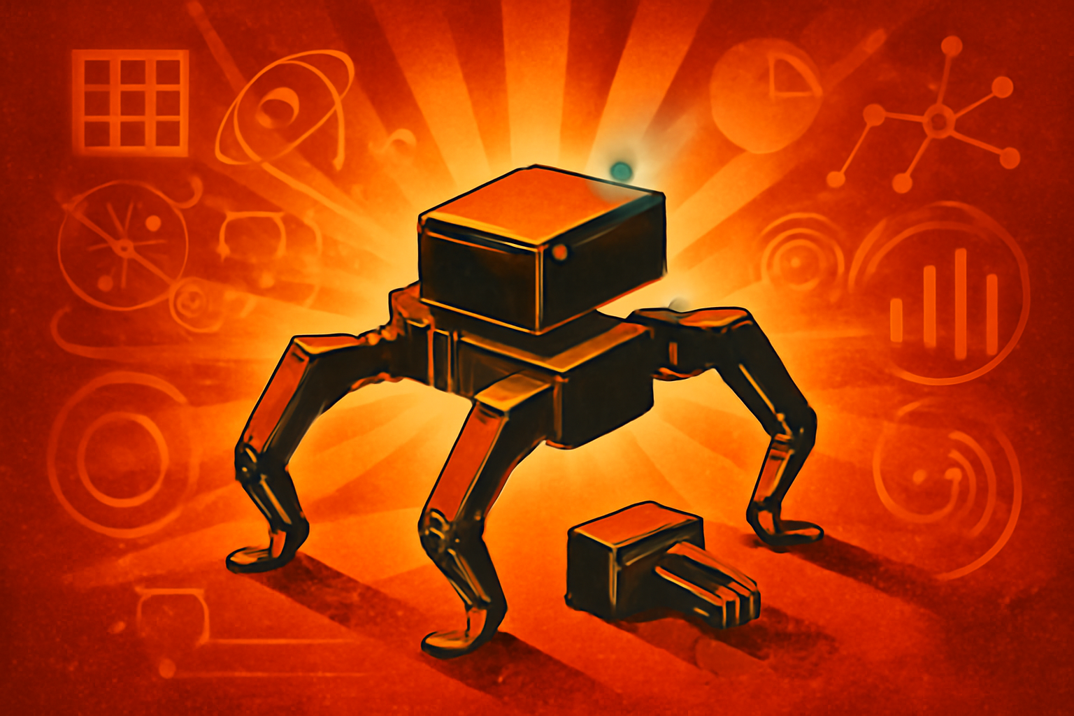 A modular legged robot designed by AI walks across a laboratory floor, showing its segmented and resilient structure.