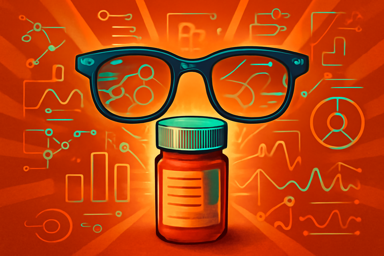 A doctor in a white lab coat wearing smart glasses and examining a prescription medication bottle in a clinical setting.