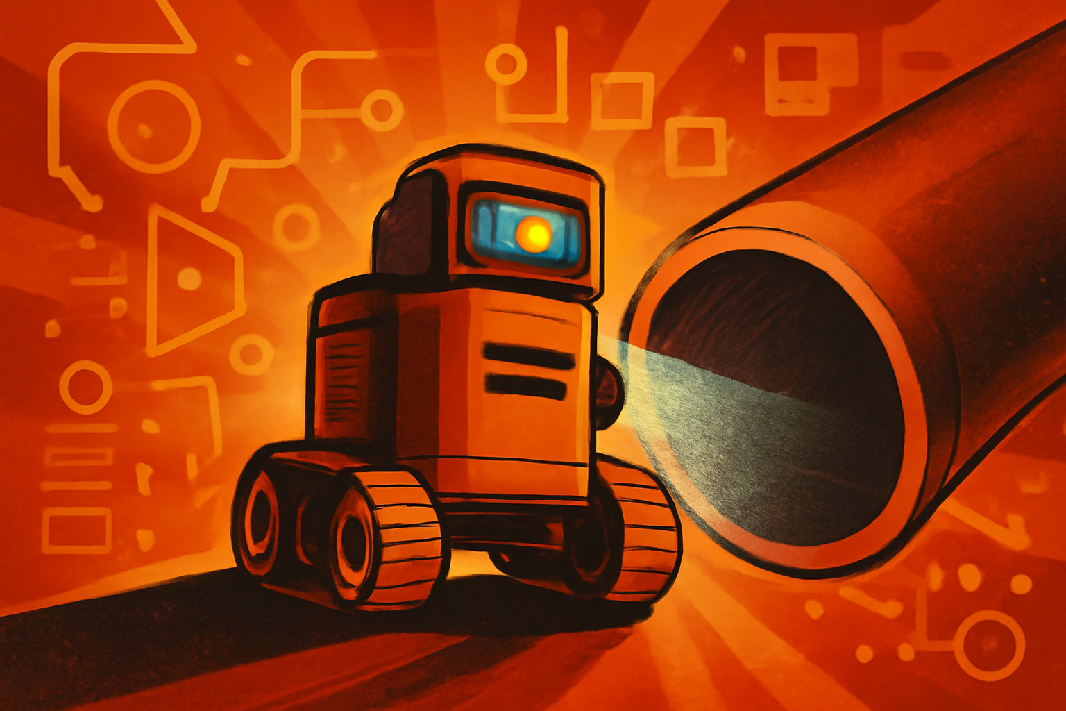 A miniature robotic device called PipeINEER navigates the metallic interior of a particle accelerator pipe for maintenance and inspection.