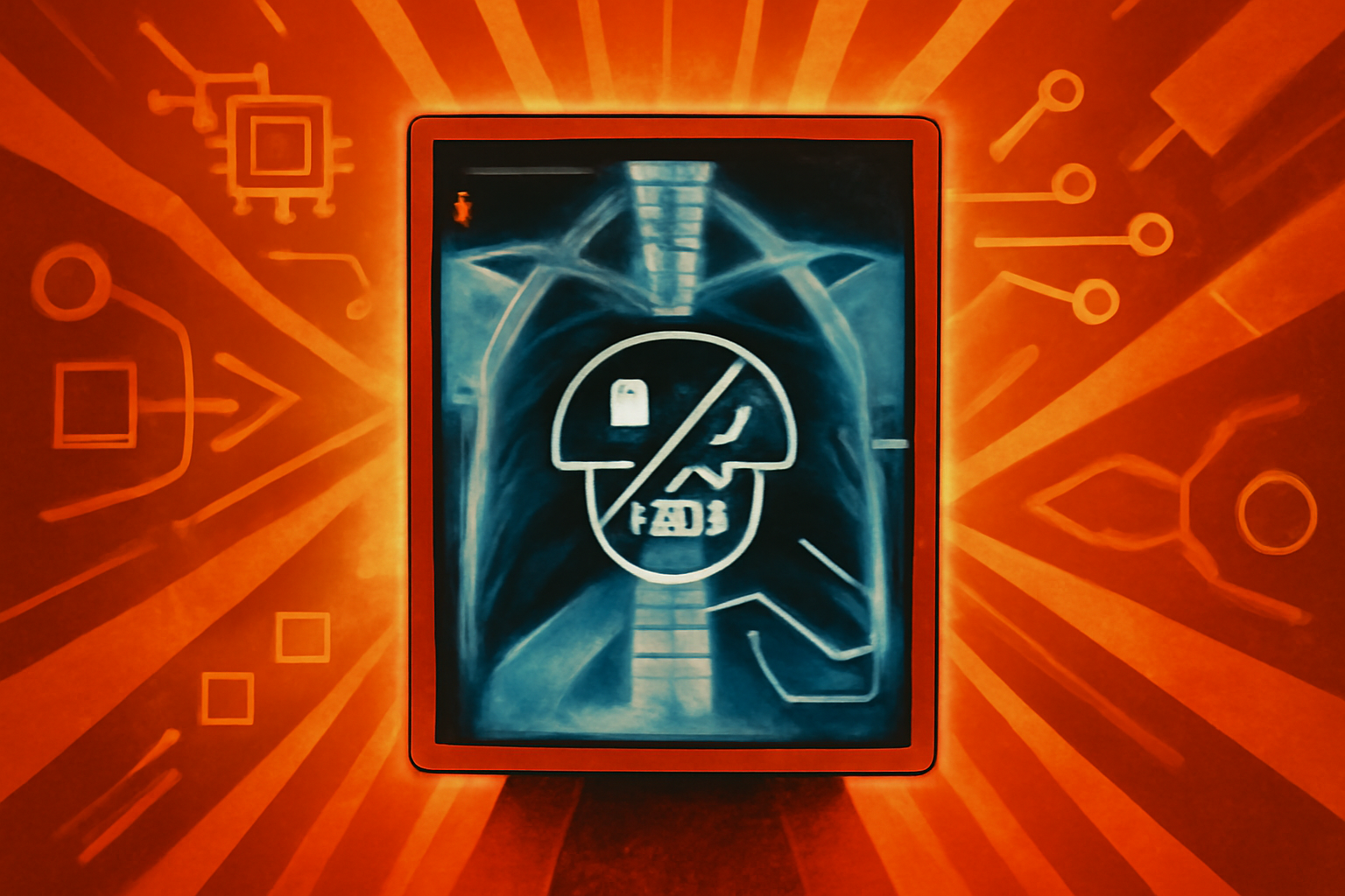 A chest X-ray on a computer screen showing subtle digital glitches and binary code, representing a deepfake medical image in a clinical setting.