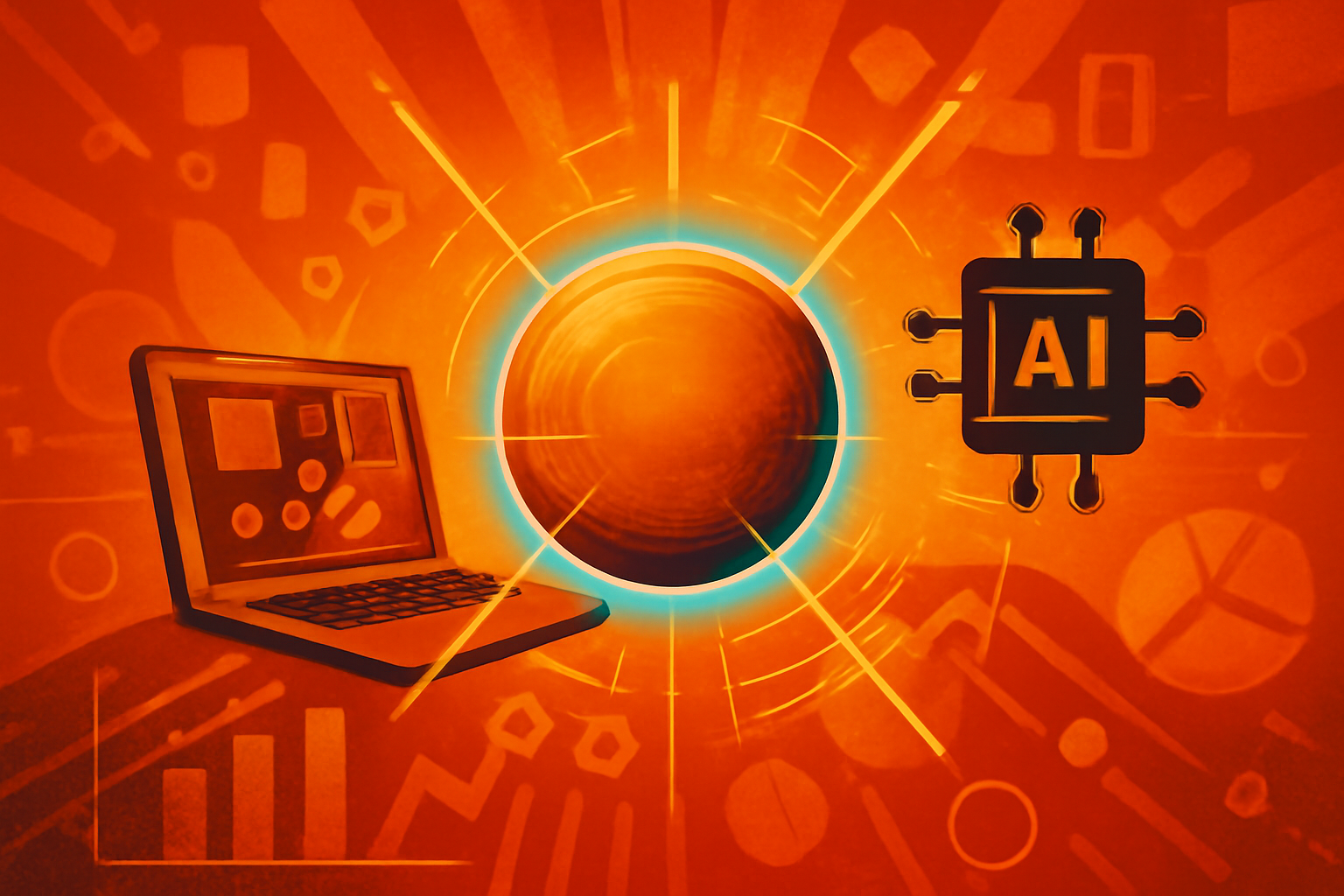 A digital rendering of subatomic particle paths and energy bursts following a collision inside a large particle detector.