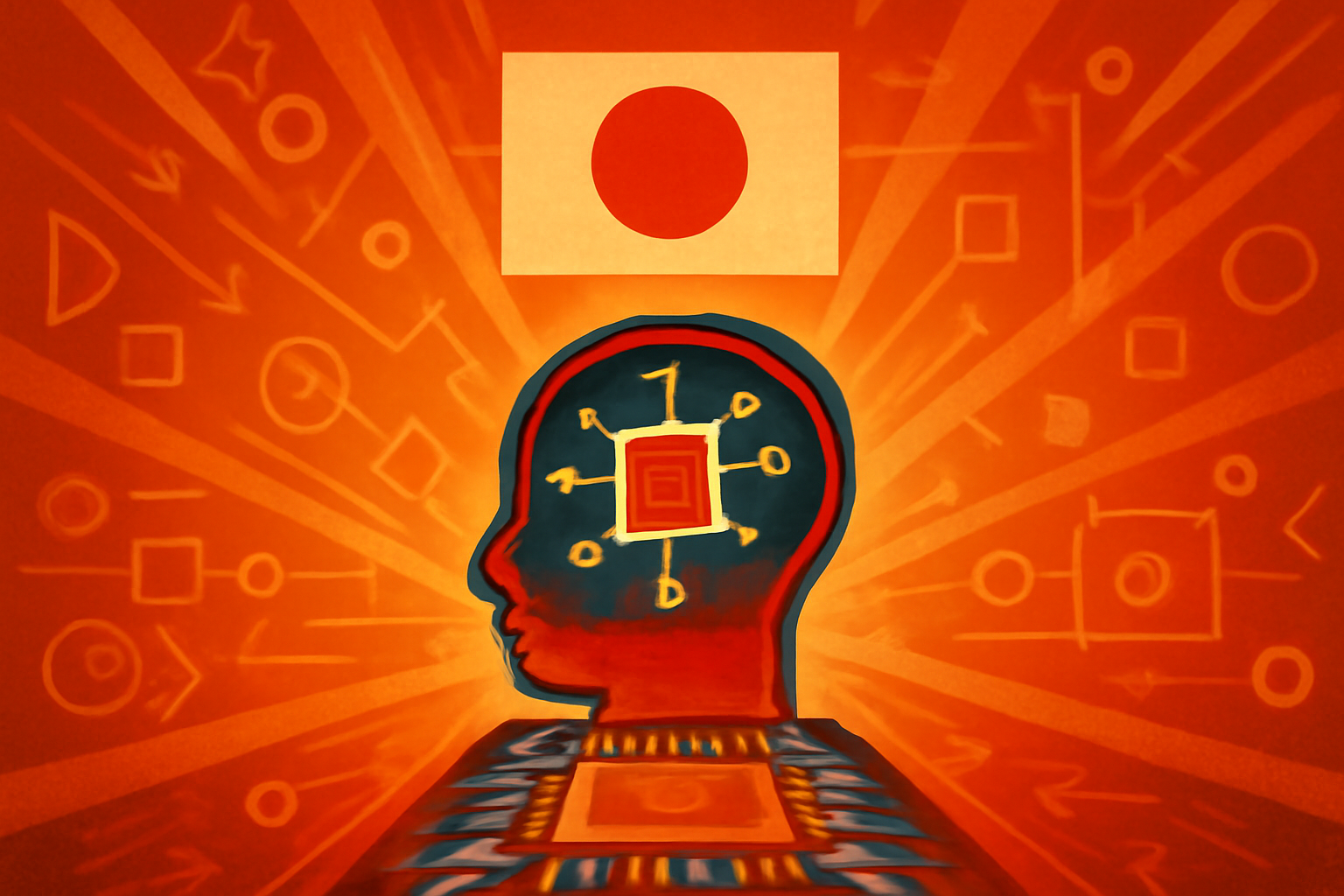 The Japanese National Diet Building with a digital overlay of blue circuit lines and network nodes representing technology investment.