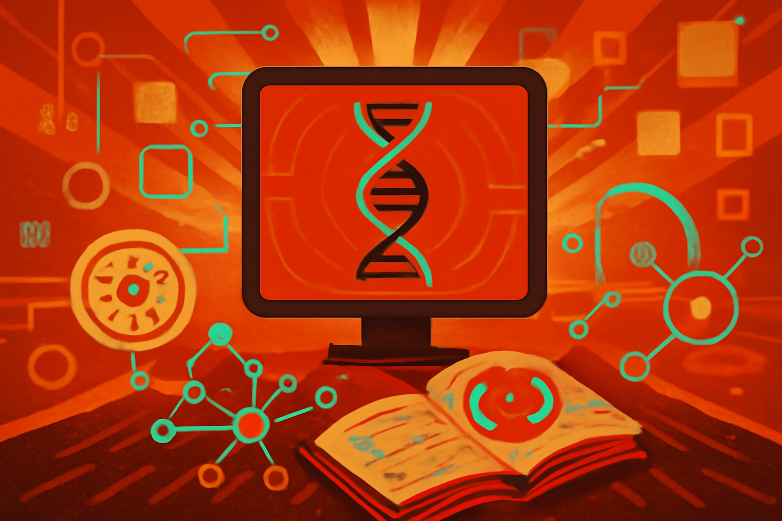 A laboratory monitor displaying a 3D DNA model and a neural network graphic, representing AI-driven medical research for rare diseases.