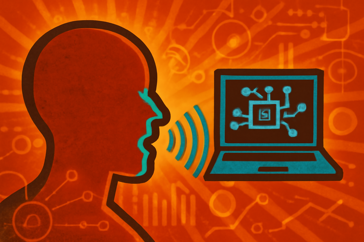 A digital illustration showing a human throat with glowing sound wave patterns and AI data nodes representing vocal analysis for cancer detection.