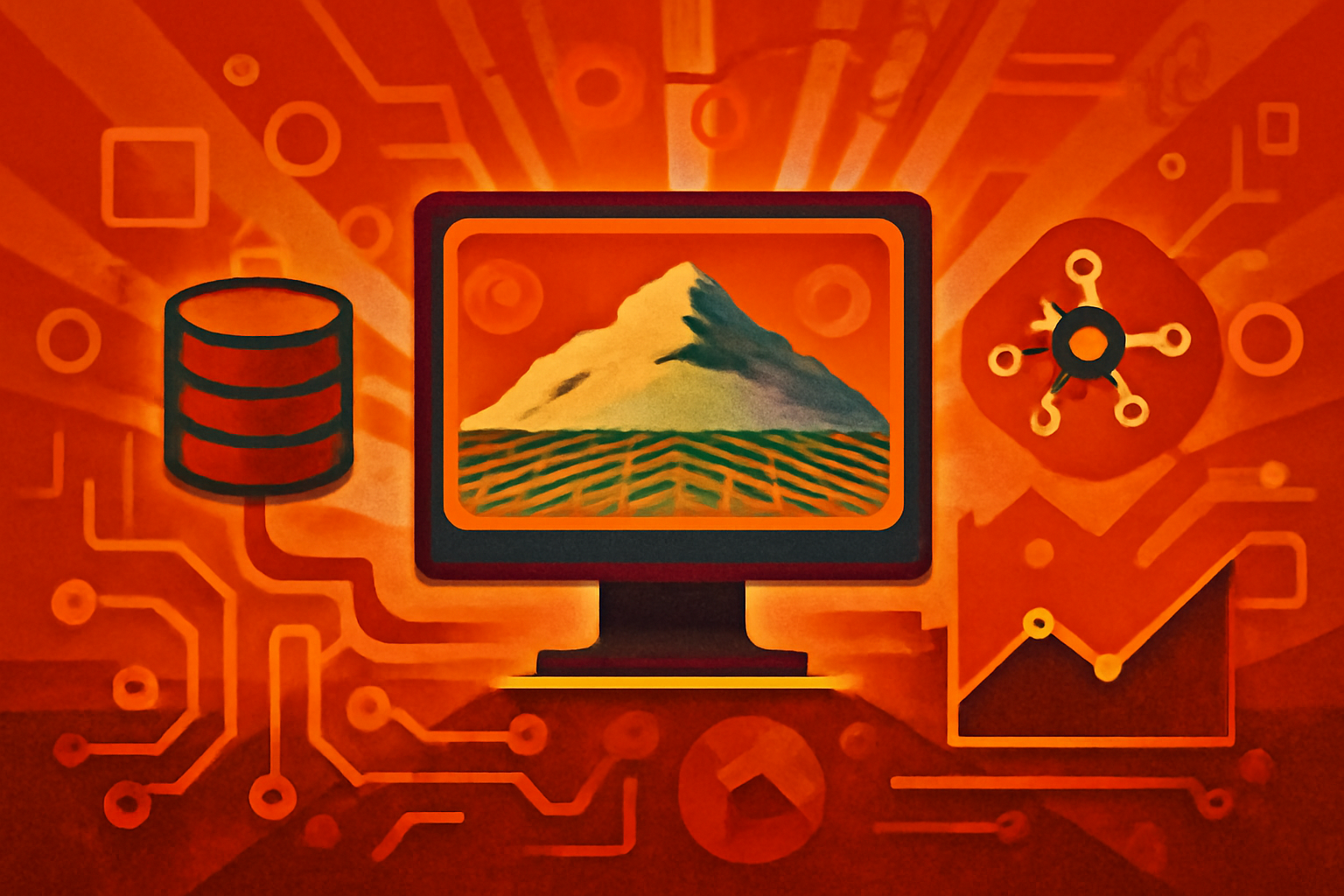 Aerial view of snowy mountains with blue digital data overlays representing artificial intelligence mapping.