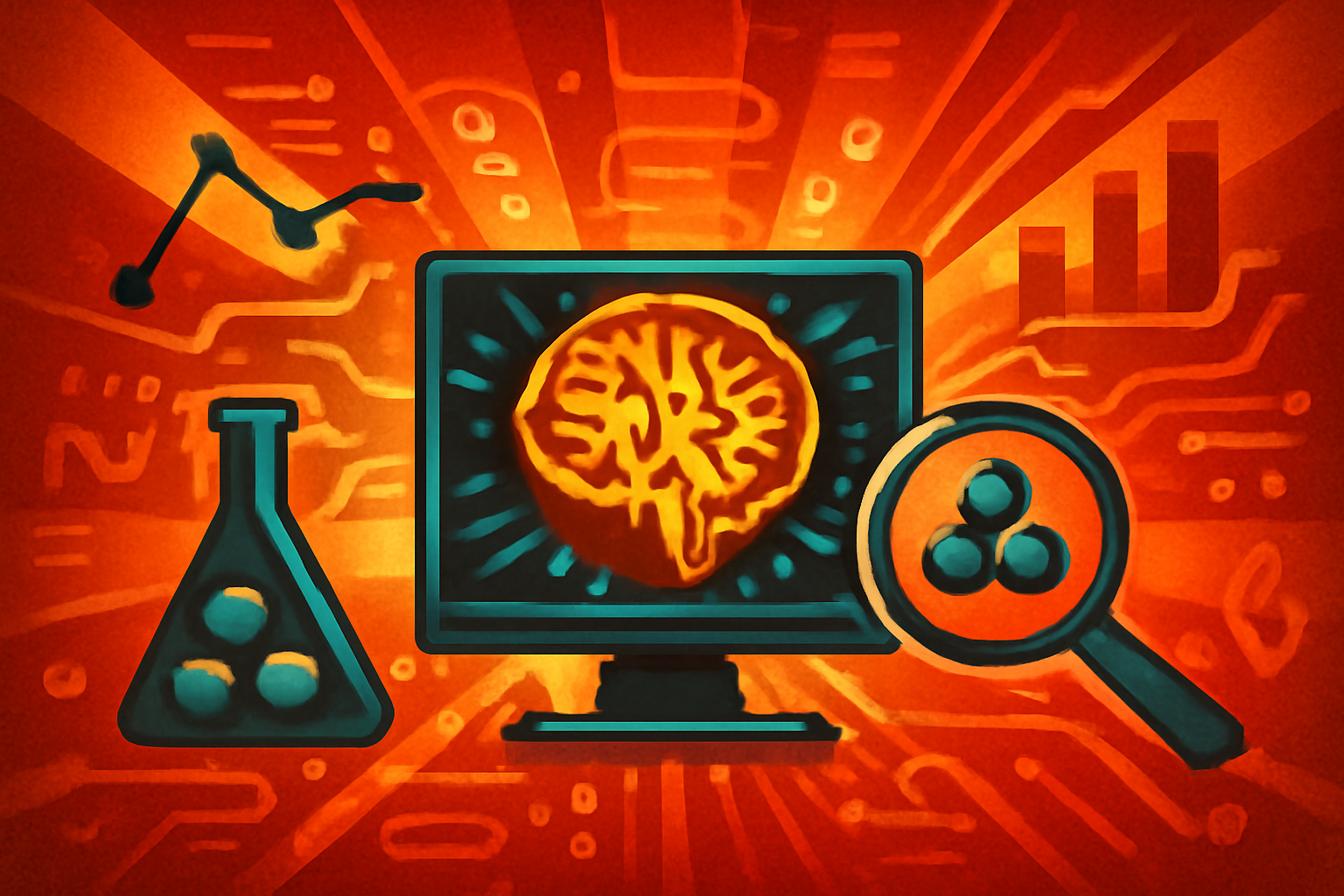 A scientist in a lab examining high-tech digital visualizations of alloy molecular structures on a transparent screen.