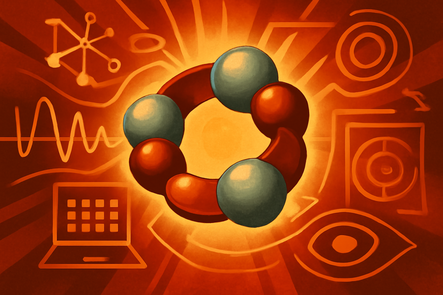 A 3D scientific visualization of a C13Cl2 molecule, highlighting a glowing light trail that moves in a twisting half-Möbius pattern against a dark background with digital data points.