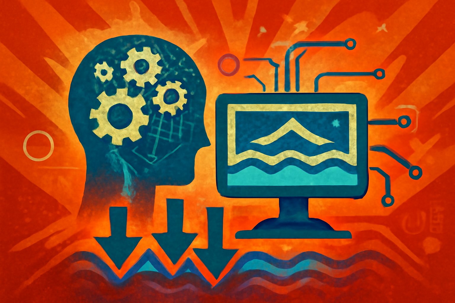A conceptual digital map showing a river system with glowing grid overlays and floating mathematical symbols to represent AI-driven flood forecasting.