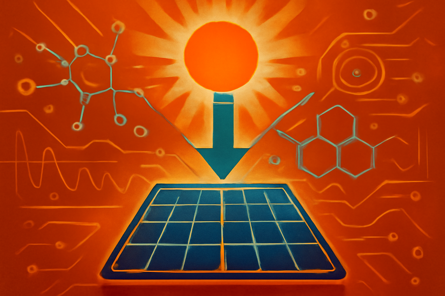 A detailed 3D visualization of a molecular solar cell structure in a laboratory, showing a single light ray splitting into two energy paths to illustrate high efficiency.