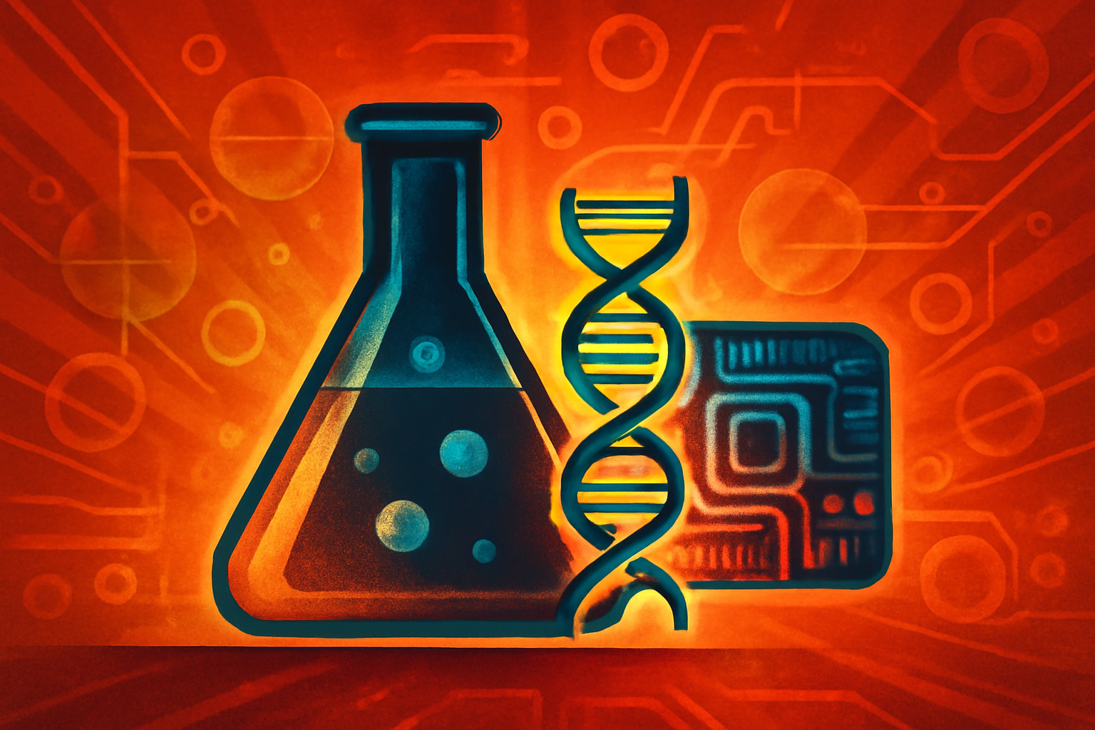A digital tablet displaying 3D molecular structures and DNA strands on a desk in a modern, clean laboratory environment.