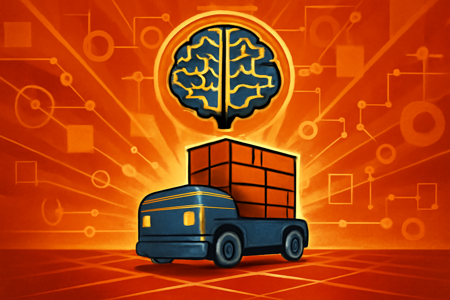 Several small autonomous robots navigate a modern warehouse floor. Digital blue paths illustrate the AI-driven traffic coordination system designed by MIT and Symbotic.