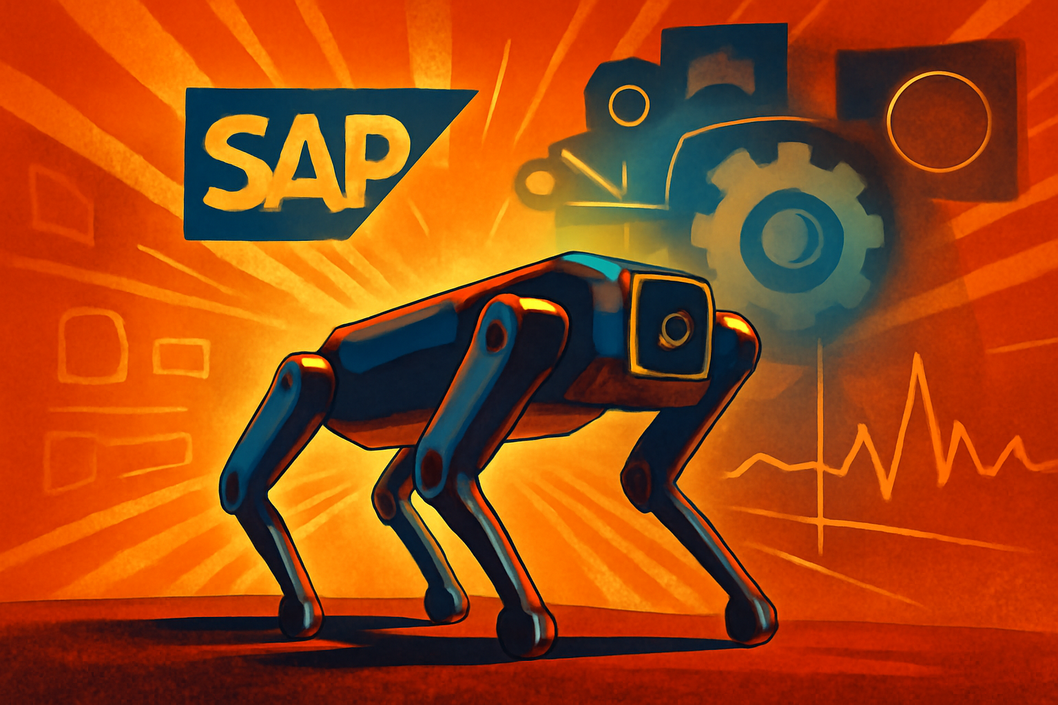 A yellow and black four-legged autonomous robot walks through an industrial facility filled with complex piping.