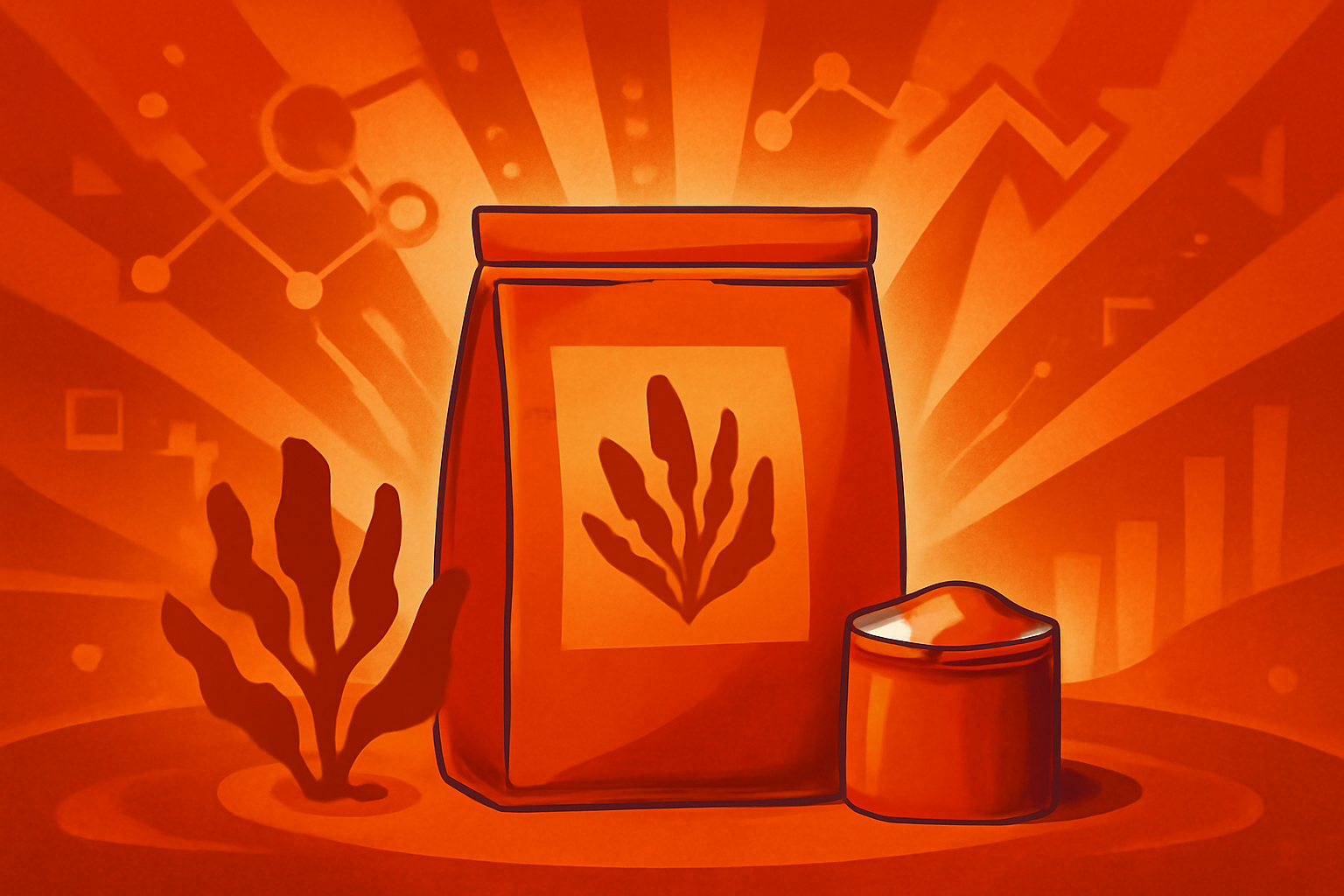 A bowl of SeaTex seaweed-based powder sits on a clean laboratory table beside a digital tablet showing AI-driven chemical analysis and molecular structures.