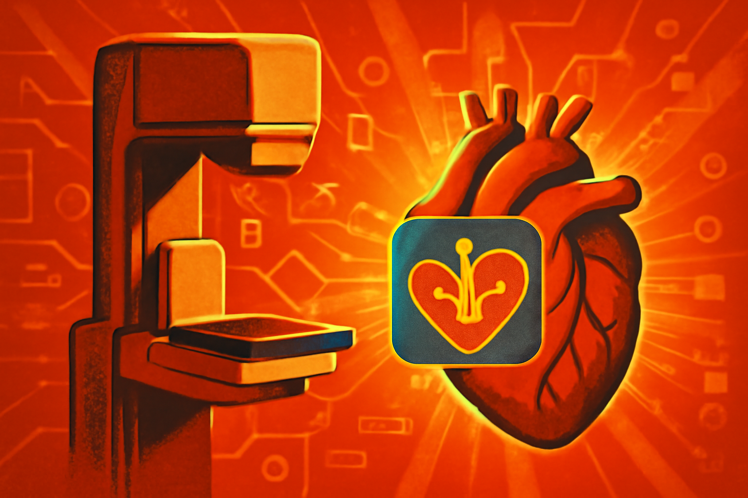 A doctor examines a mammogram scan on a computer screen where artificial intelligence software highlights arterial calcium deposits with blue digital markers.