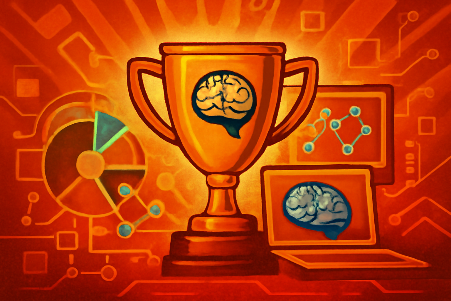 Scientists in a modern laboratory viewing digital neural network visualizations on a large screen during an AI research event in Copenhagen.