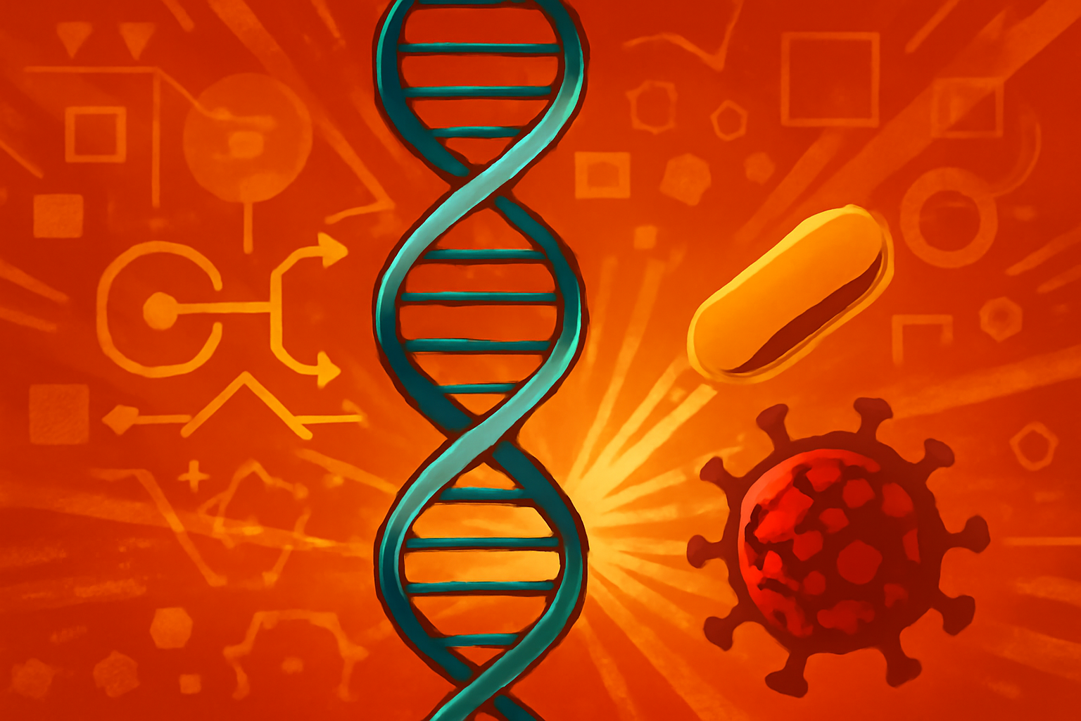 A 3D digital rendering of synthetic DNA strands programmed to deliver drugs to specific cancer cells, highlighting precision medicine technology.