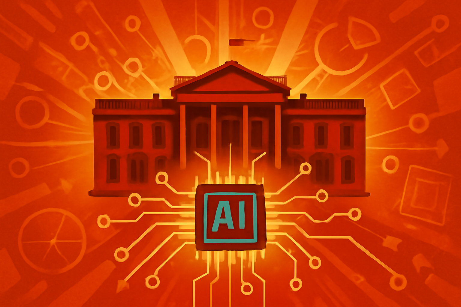 A digital illustration showing the White House building behind a glowing blue network of interconnected nodes and data lines representing artificial intelligence regulation.