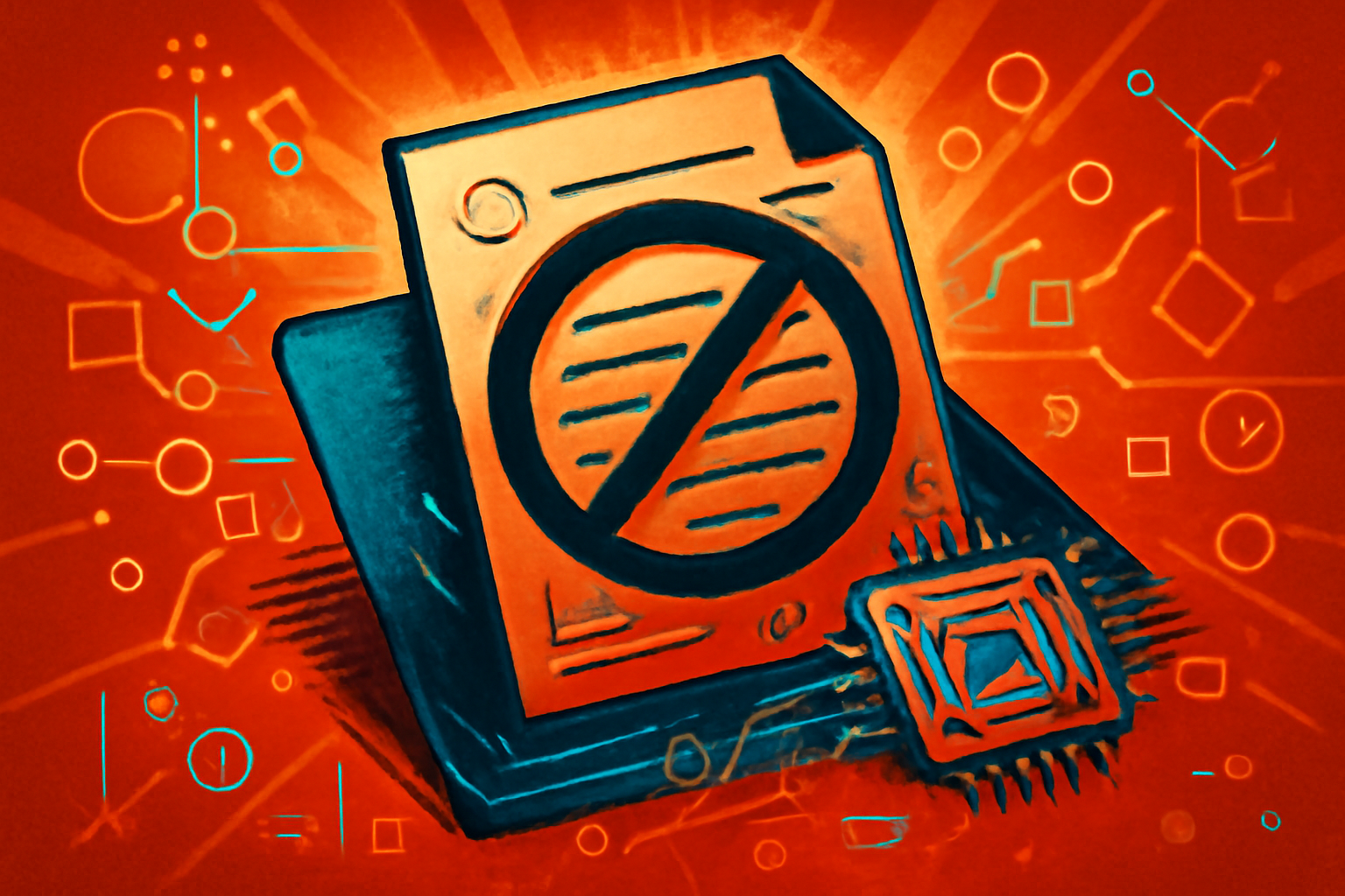 A photograph of a federal government building in Washington D.C. with a symbolic digital overlay representing the restriction of technology services.