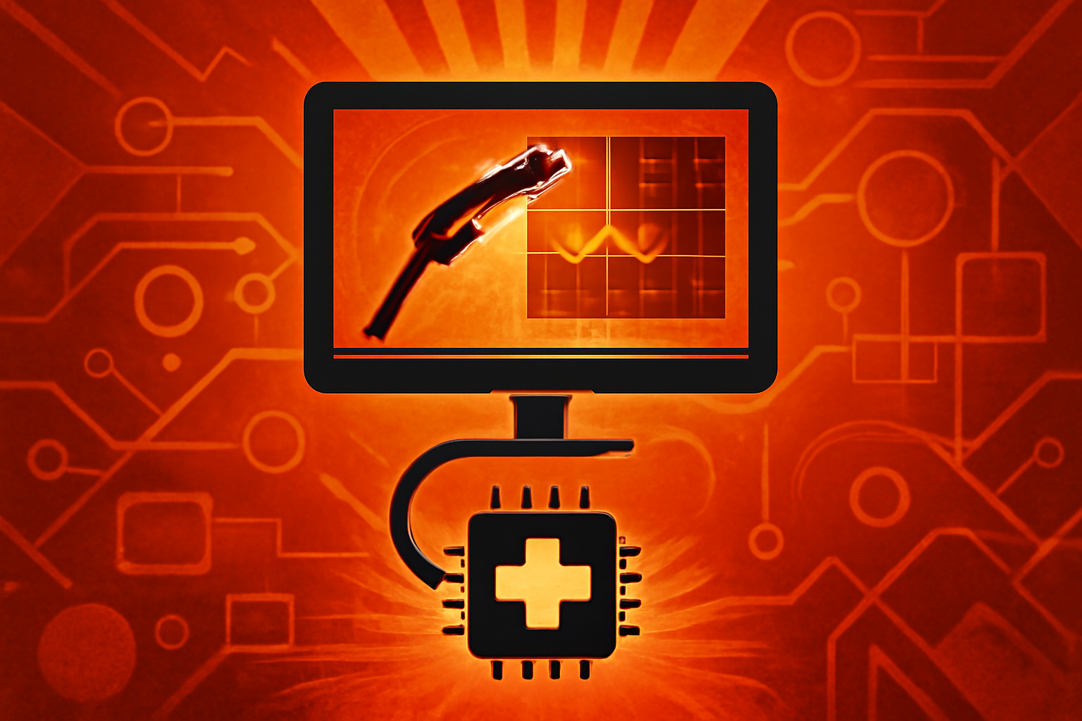 A close-up view of a medical display screen showing artificial intelligence analysis during a procedure, featuring digital charts and anatomical overlays in a modern clinical setting.