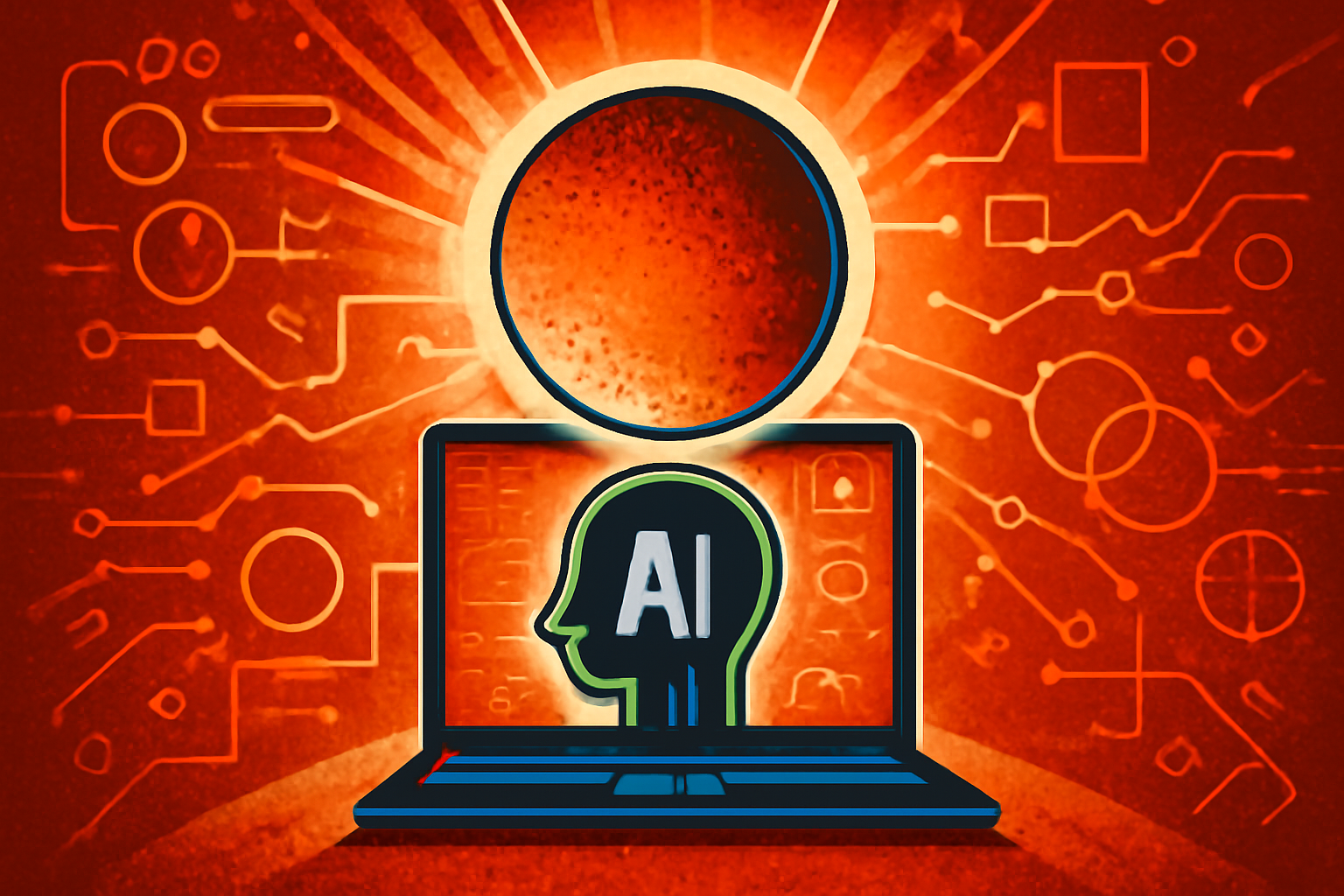 A scientific visualization showing a central yellow star with several orbiting planets and a digital data grid representing artificial intelligence analysis.