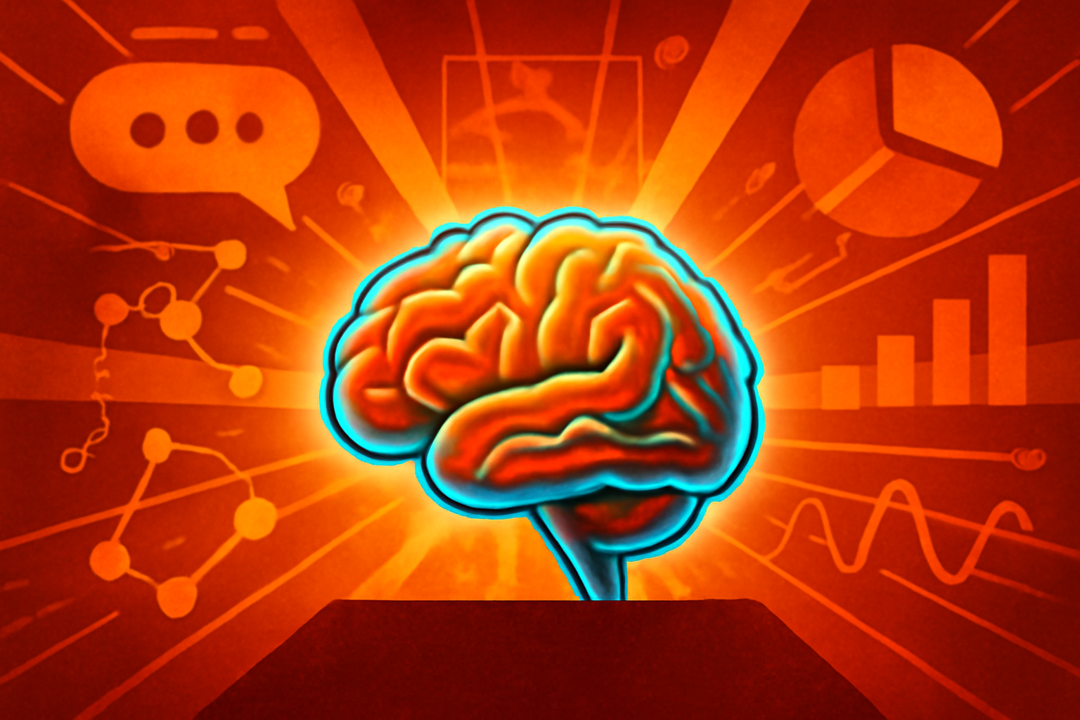 A digital illustration representing a multimodal AI system, featuring glowing nodes, data streams, and mathematical symbols on a dark blue tech-themed background.