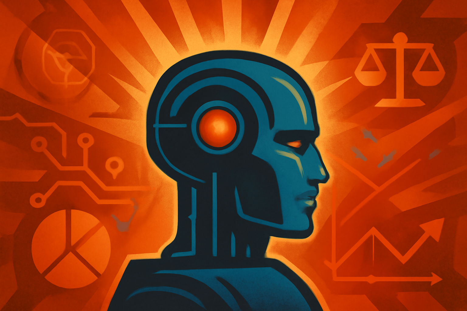 An editorial illustration showing a robotic arm interacting with digital data, symbolizing autonomous AI systems and human oversight.