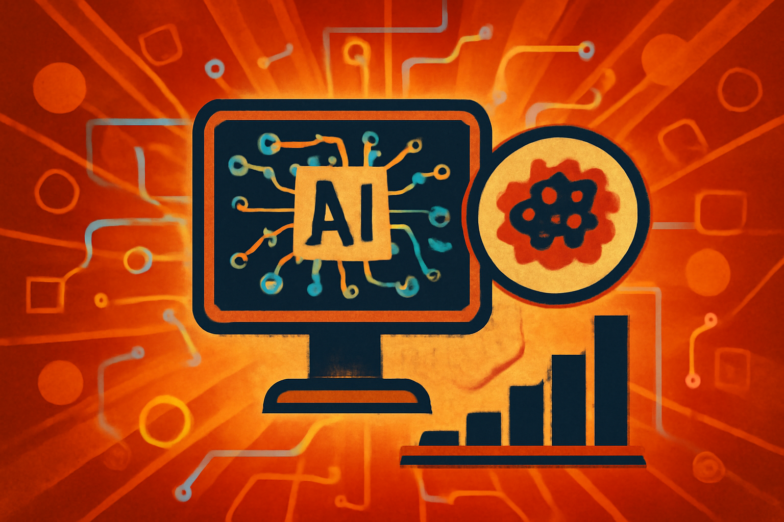 A digital display showing a 3D scientific model of human skin cells with data points, representing AI analysis in a medical lab setting.