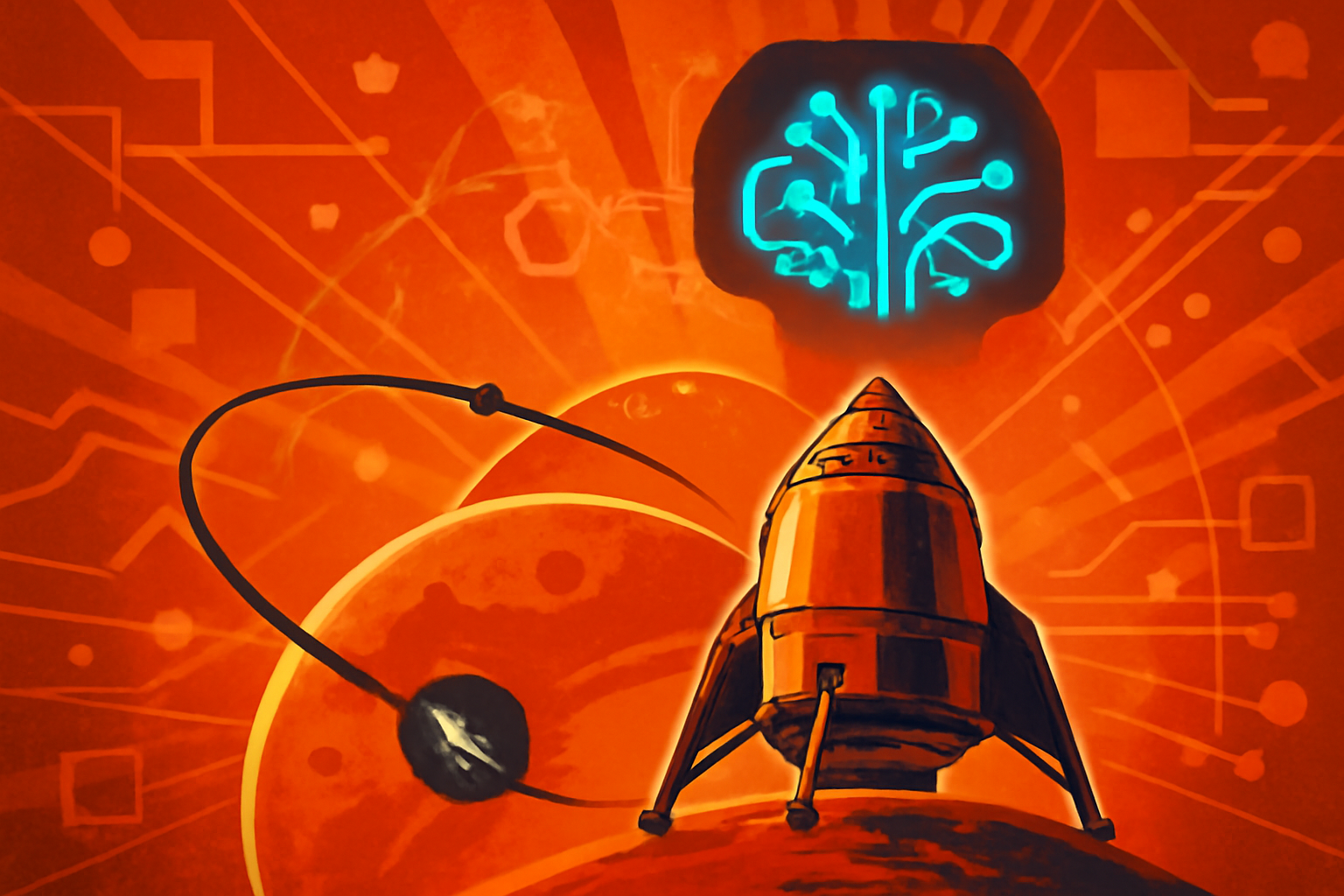 A wide-angle view of a NASA control room showing large digital displays of the Moon and the Orion spacecraft with AI data overlays.