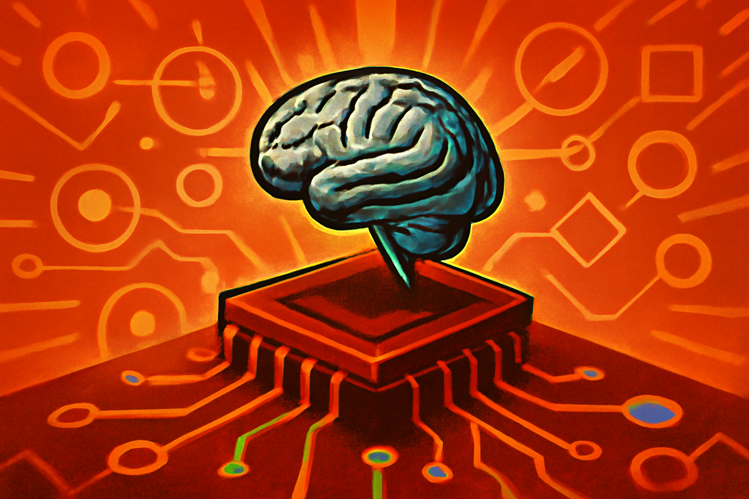 Macro photography of a futuristic microchip featuring neural network patterns and blue glowing circuits designed to mimic human synapses.