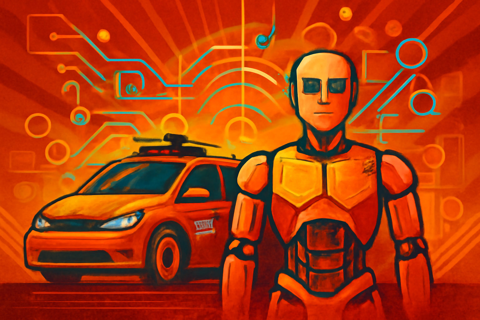 A clean industrial setting showcasing white autonomous ride-hailing vehicles and several sleek humanoid robots, representing the scaling of robotics and autonomous transportation technology.