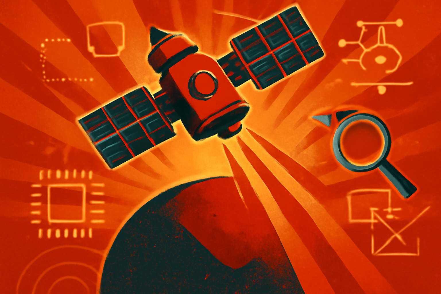 An illustration of the Pelican-4 satellite in space with a digital overlay representing artificial intelligence processing data in orbit.