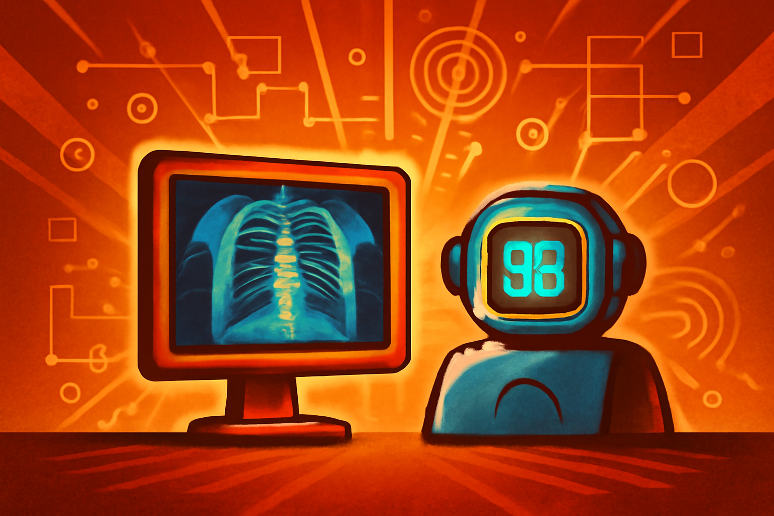 A medical monitor in a radiology department showing a digital scheduling interface with a radiologist blurred in the background.
