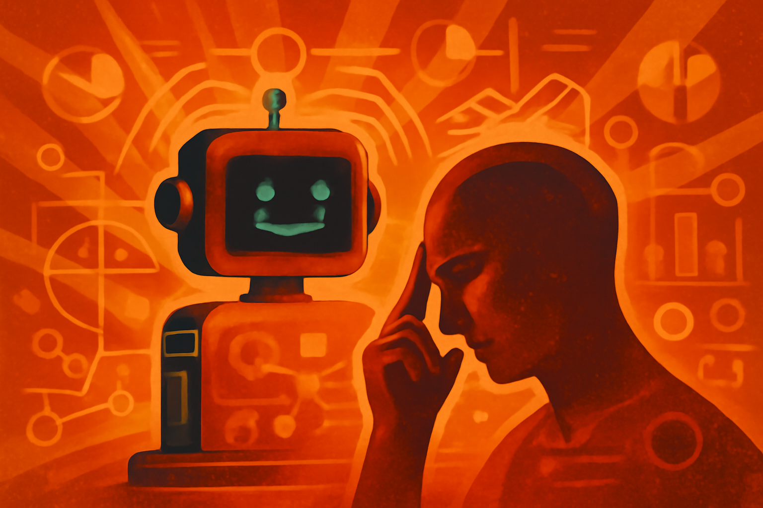 A person sits at a desk in a dark room, looking thoughtfully at a glowing blue digital brain visualization hovering above a laptop screen.