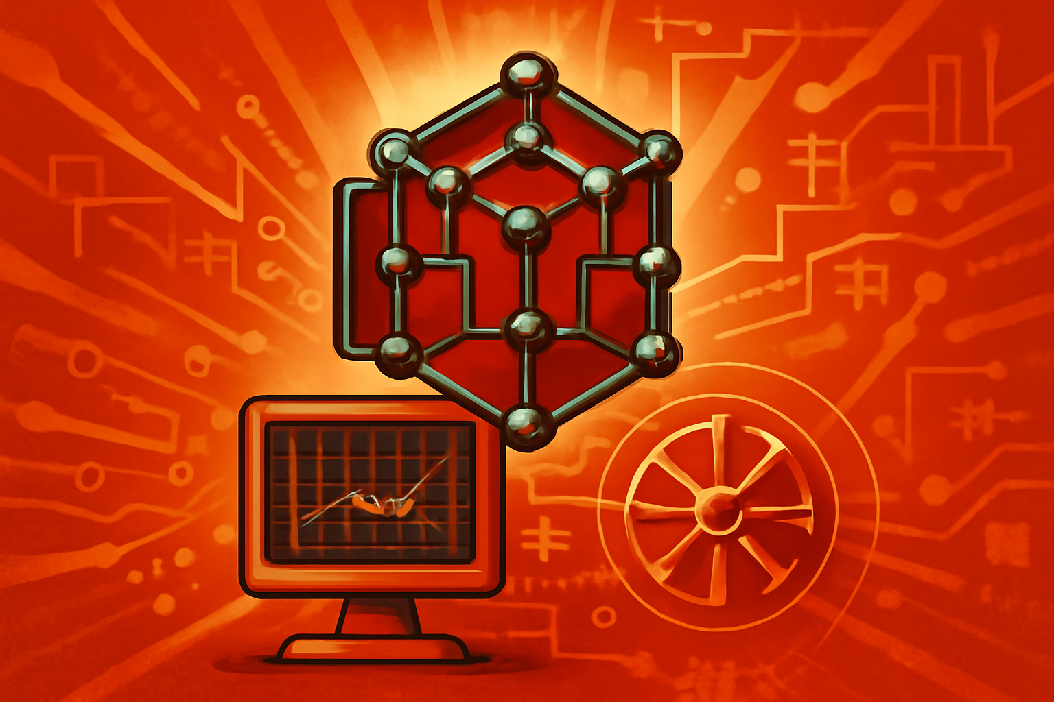 A 3D digital simulation of nanocarbon molecular structures with blue and white glowing lines representing atomic bonds and data.