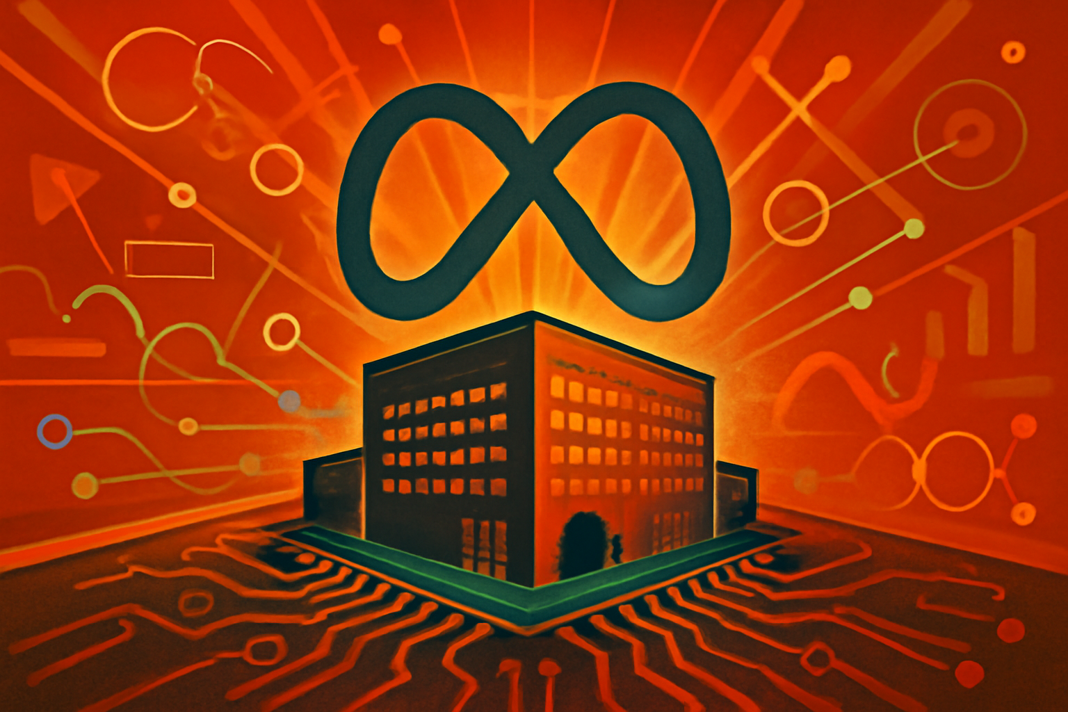 A wide-angle editorial photograph showing a massive data center complex under construction in El Paso, Texas. The facility features modern industrial architecture and is surrounded by a vast desert landscape with solar panels in the foreground.