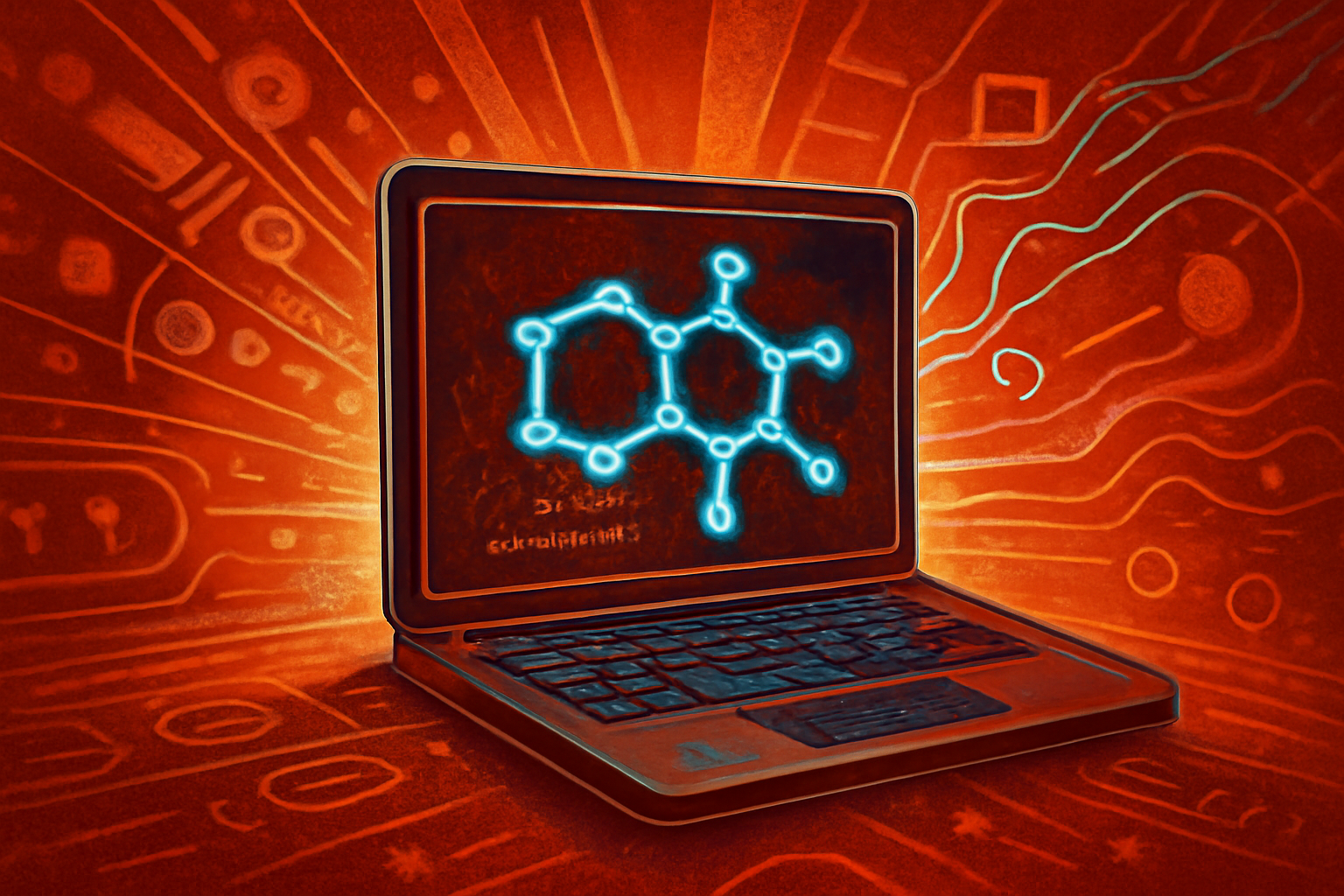 A 3D digital model of a molecular structure displayed on a screen in a research lab, highlighting atom-level and fragment-level connections.