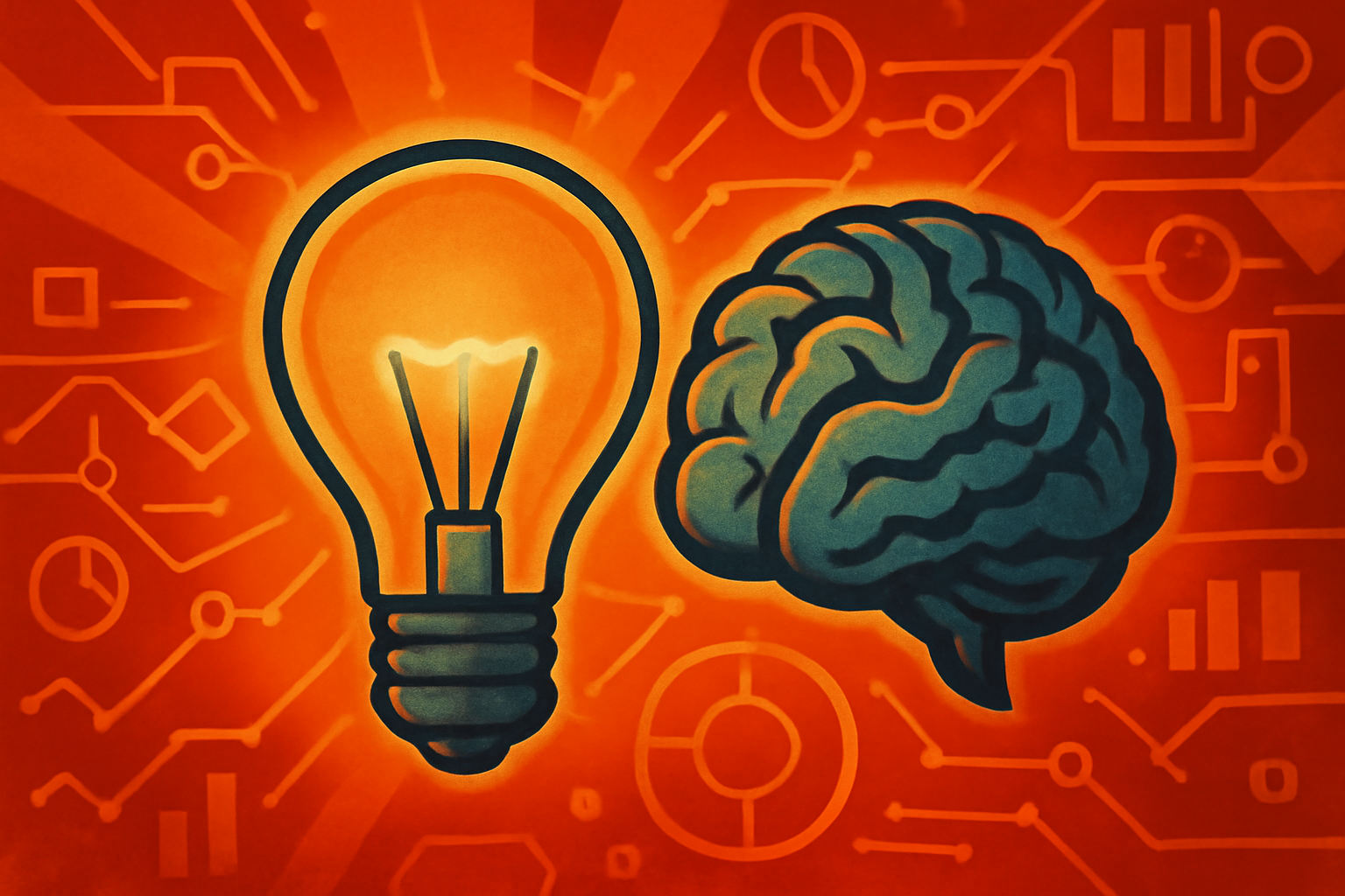 A digital brain graphic on a glowing screen sits next to physical notebooks and a pen, illustrating the comparison between AI and human creativity.
