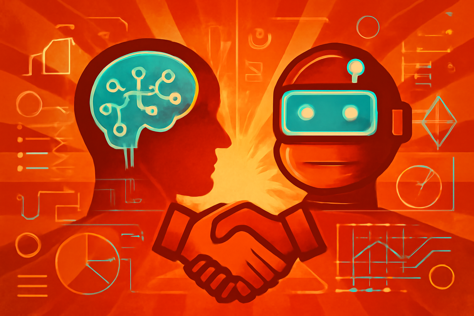 A conceptual illustration of a human and robotic hand reaching toward a central glowing node of light, symbolizing cognitive alignment and collaboration between humans and artificial intelligence.