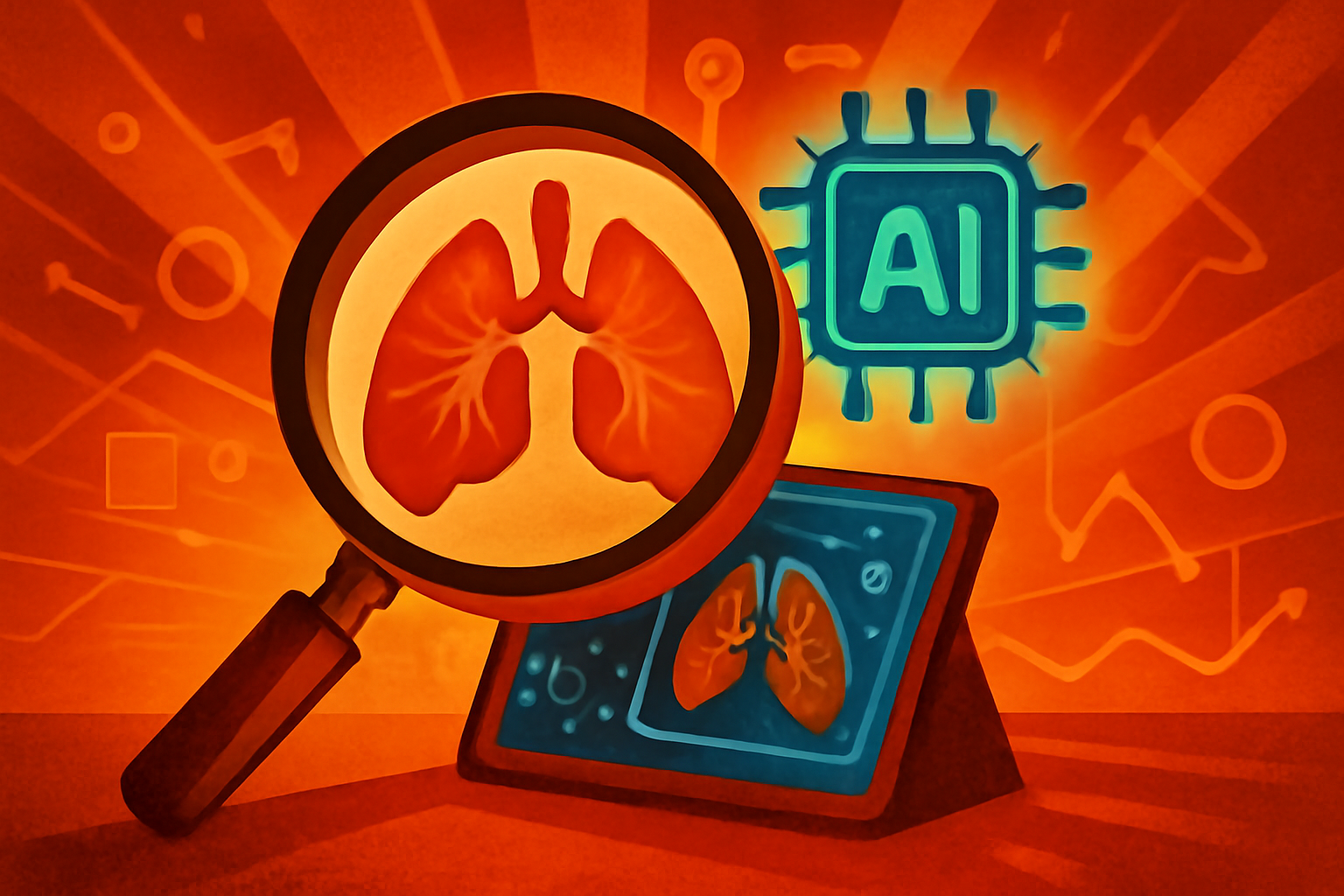A digital illustration showing a medical AI interface analyzing cancer data with neural network connections and molecular structures.