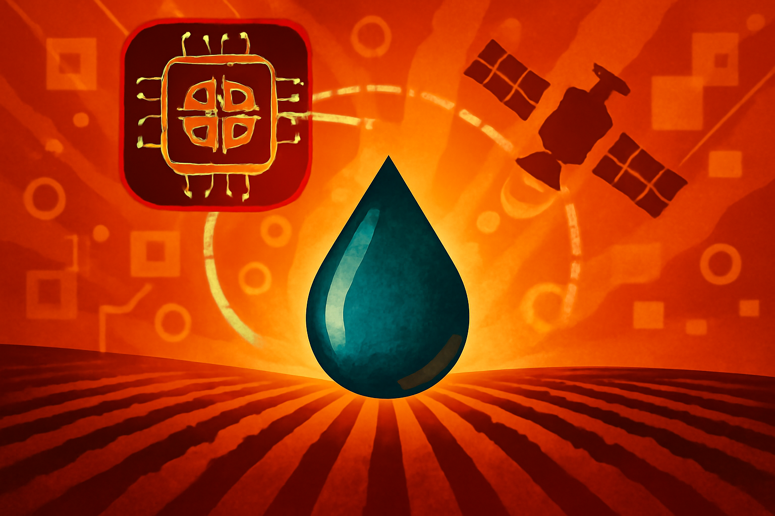 A high-tech agricultural sensor unit stands in a lush green farm field under a bright sun, symbolizing modern water conservation technology.