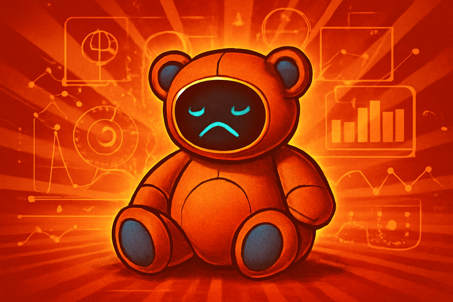 A toddler sits on a floor rug looking curiously and slightly confused at a small, glowing AI-powered interactive toy in a well-lit living room.