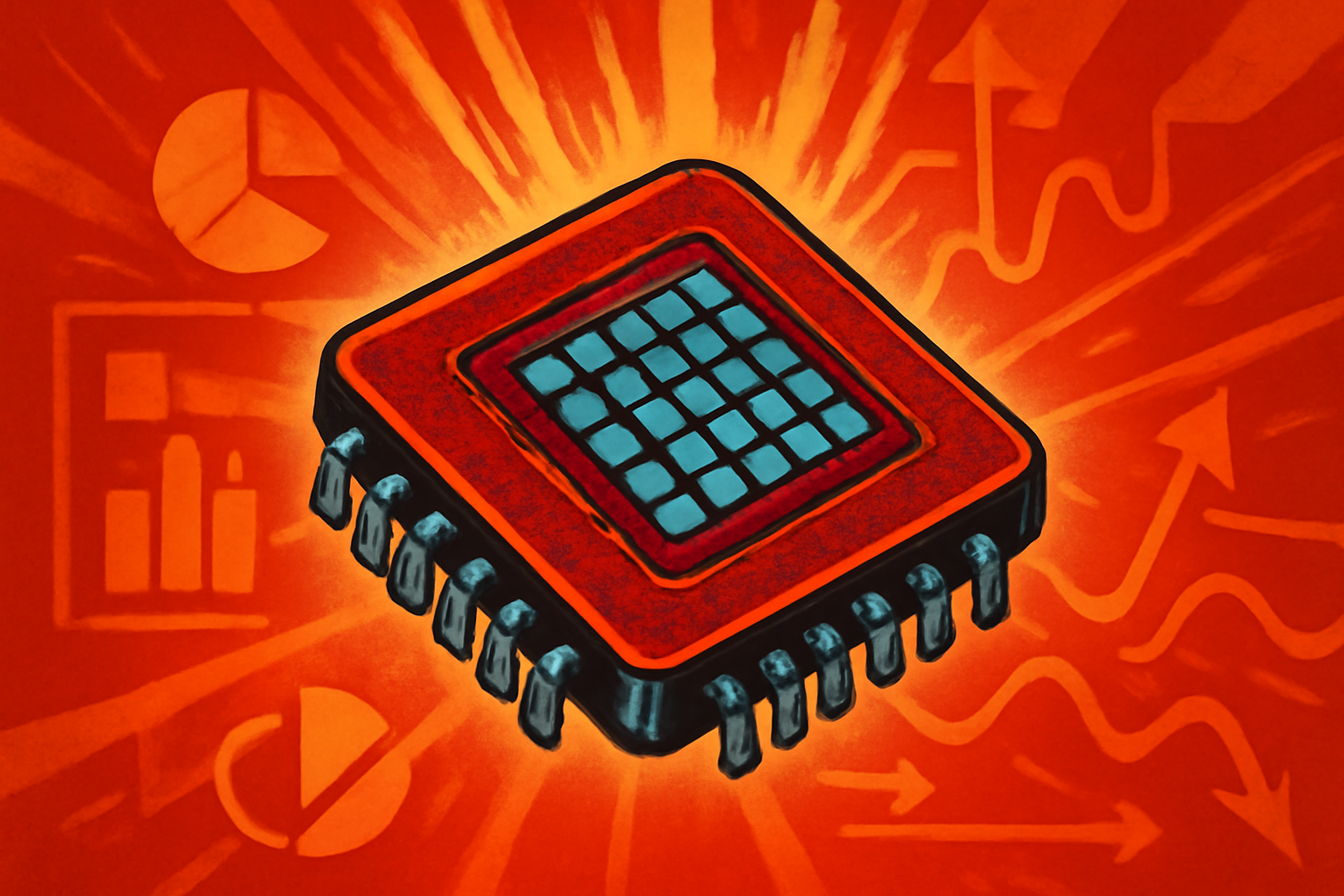 A close-up view of a high-tech microchip glowing amidst heat and sparks, representing heat-resistant computing technology.