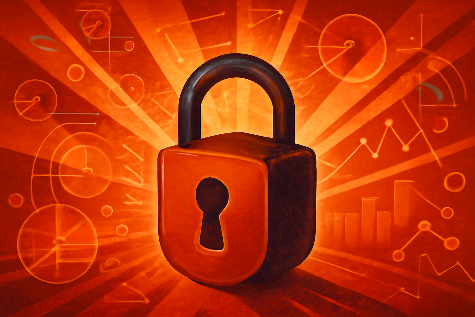 A digital illustration of a glowing blue padlock protecting a complex web of interconnected data points, symbolizing AI cybersecurity and private data protection.