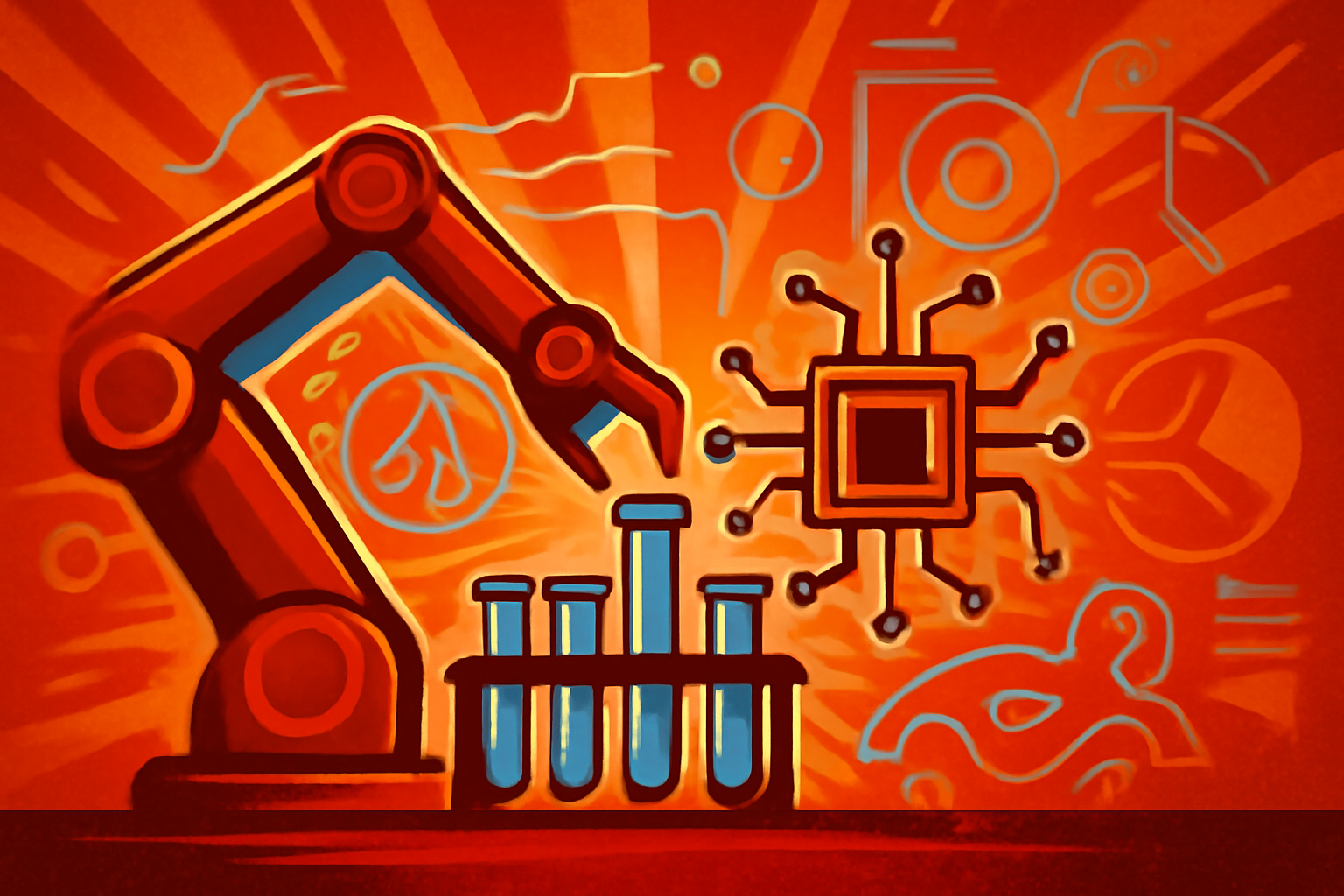 A robotic arm in a brightly lit scientific laboratory working with biological samples, with a computer screen showing AI data analysis in the background.