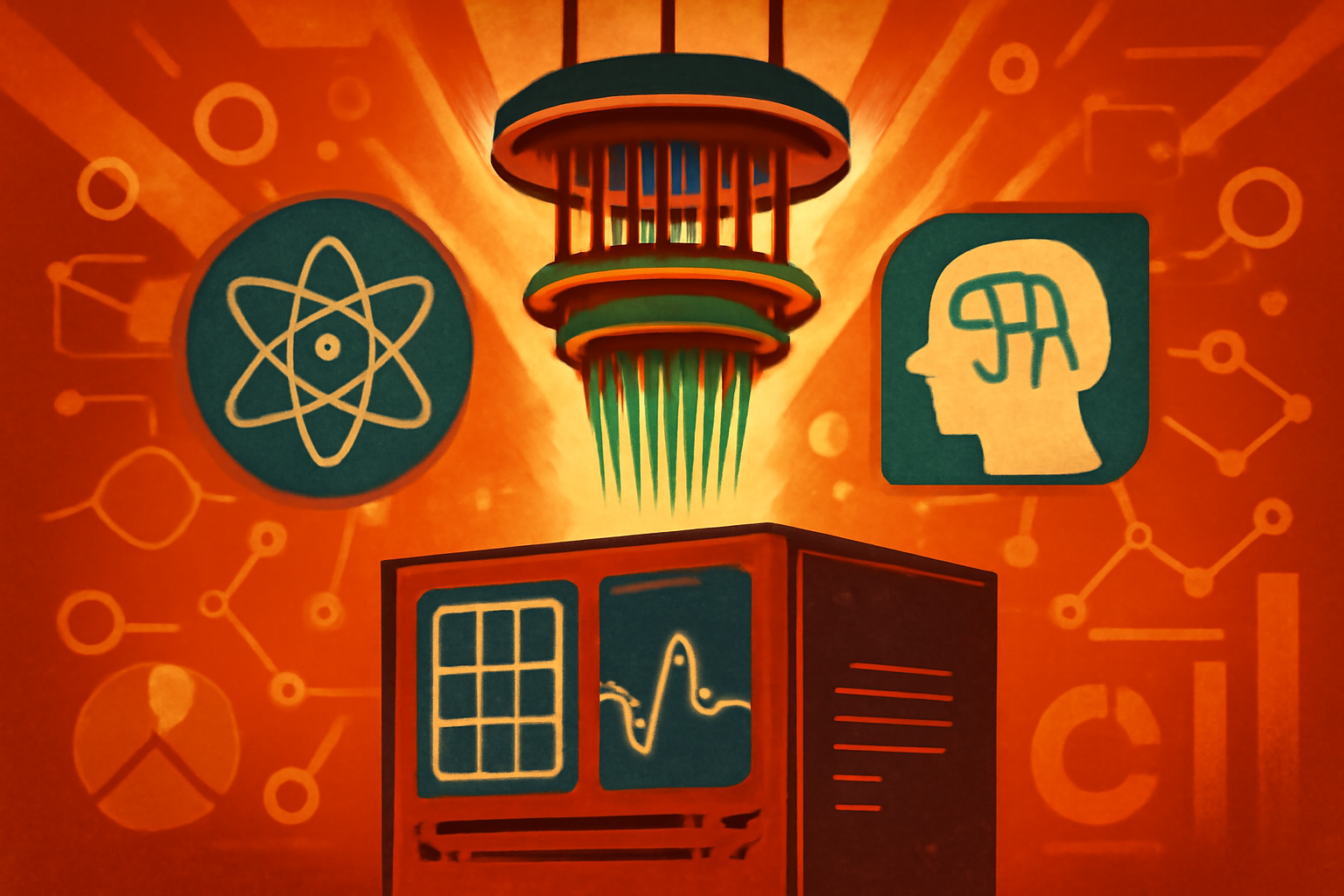 A high-tech research lab featuring a golden quantum computer chandelier and large monitors displaying data visualizations and AI models.