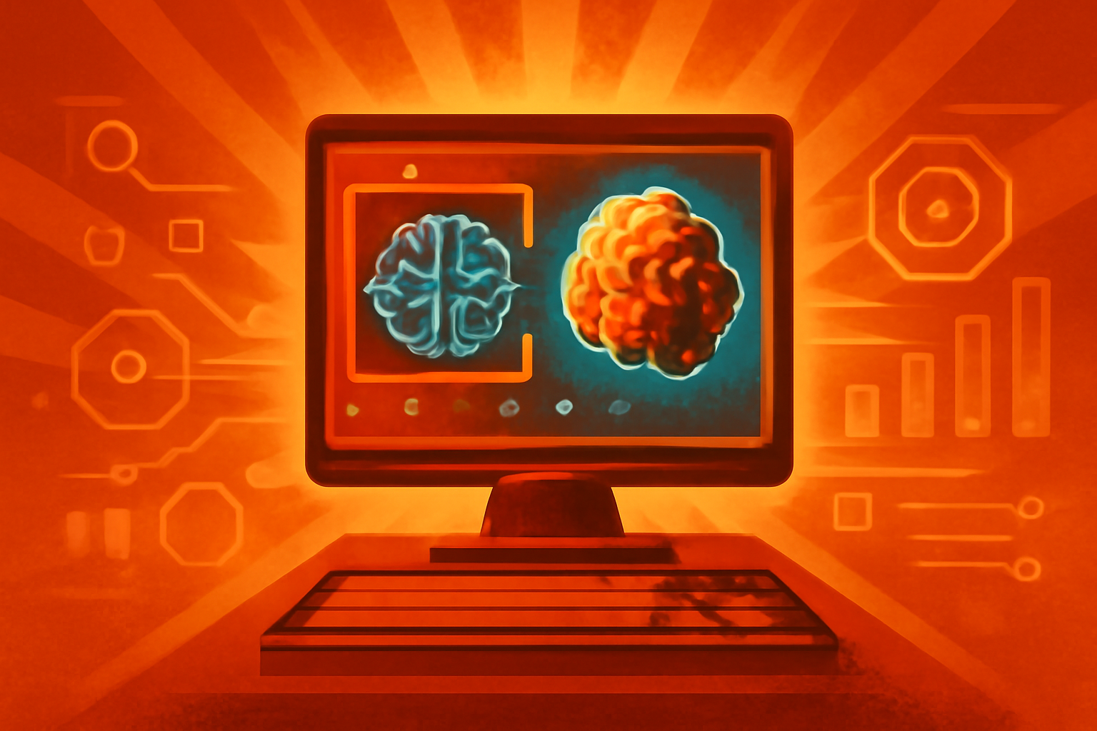 A digital visualization of a gene-expression analysis overlaying a medical scan, representing the MangroveGS AI model's ability to predict cancer spread.