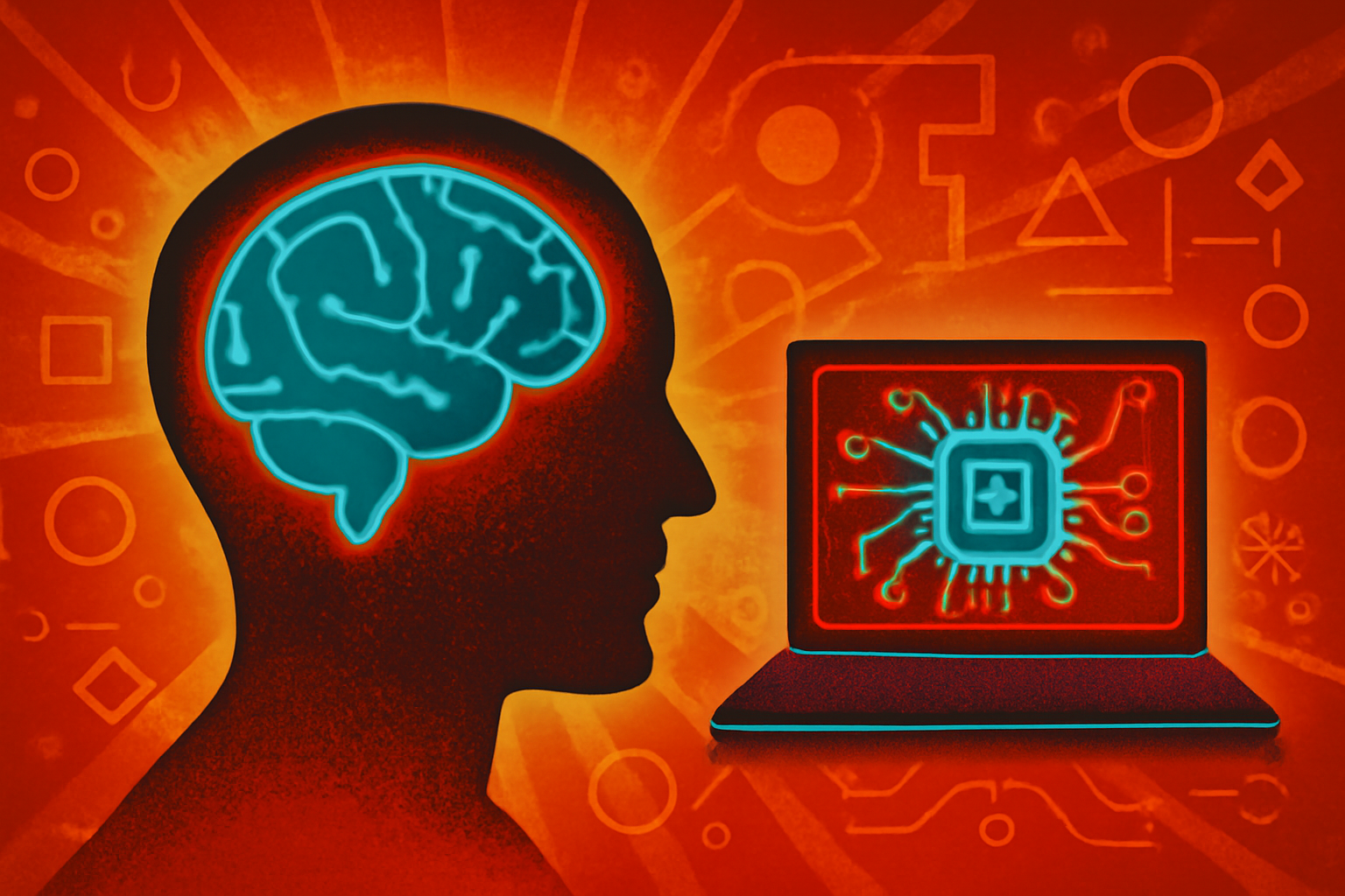 An illustration of a robot head made of data lines next to the word 'THINK' in blue light.